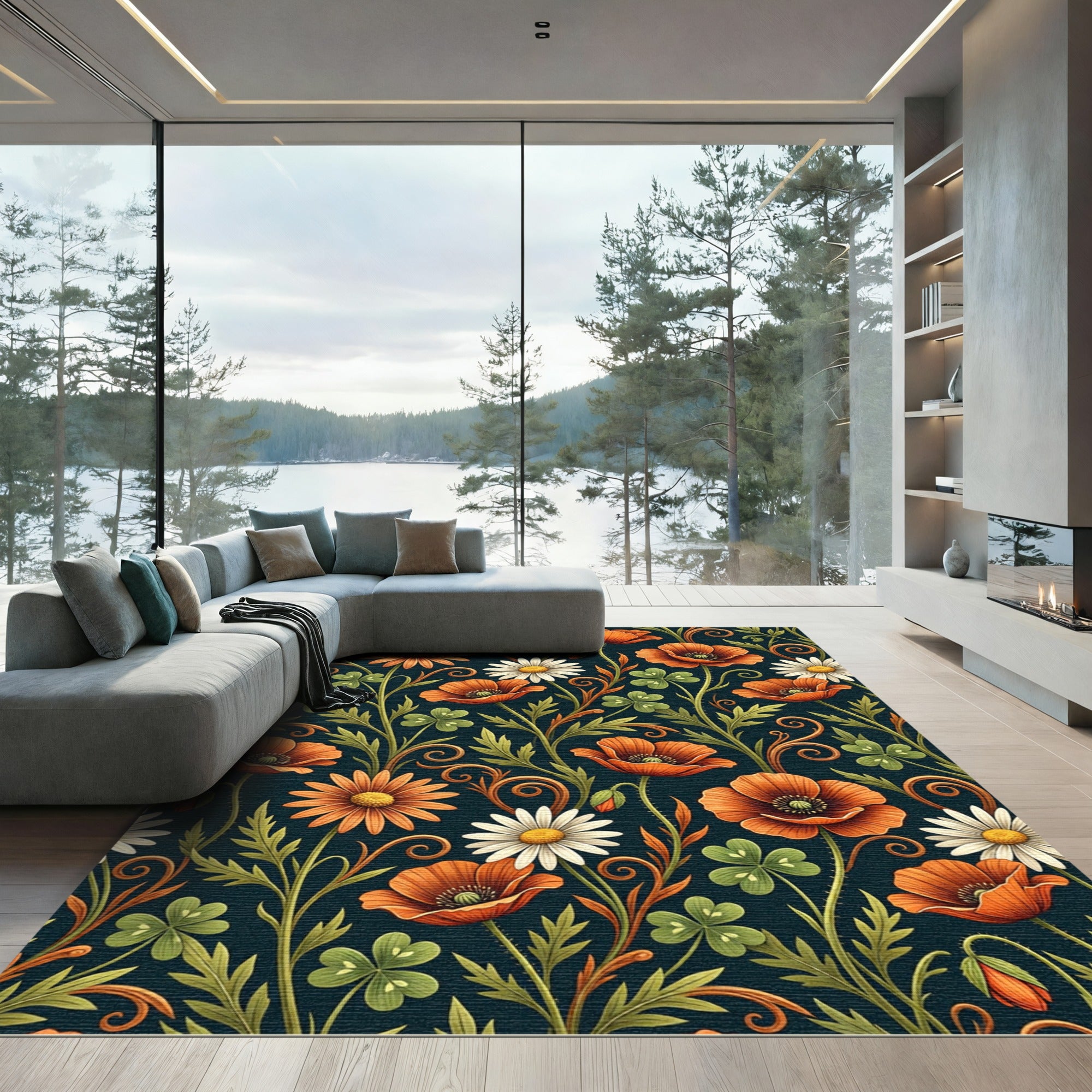 Orange Poppy and Daisy Botanical Meadow Rug