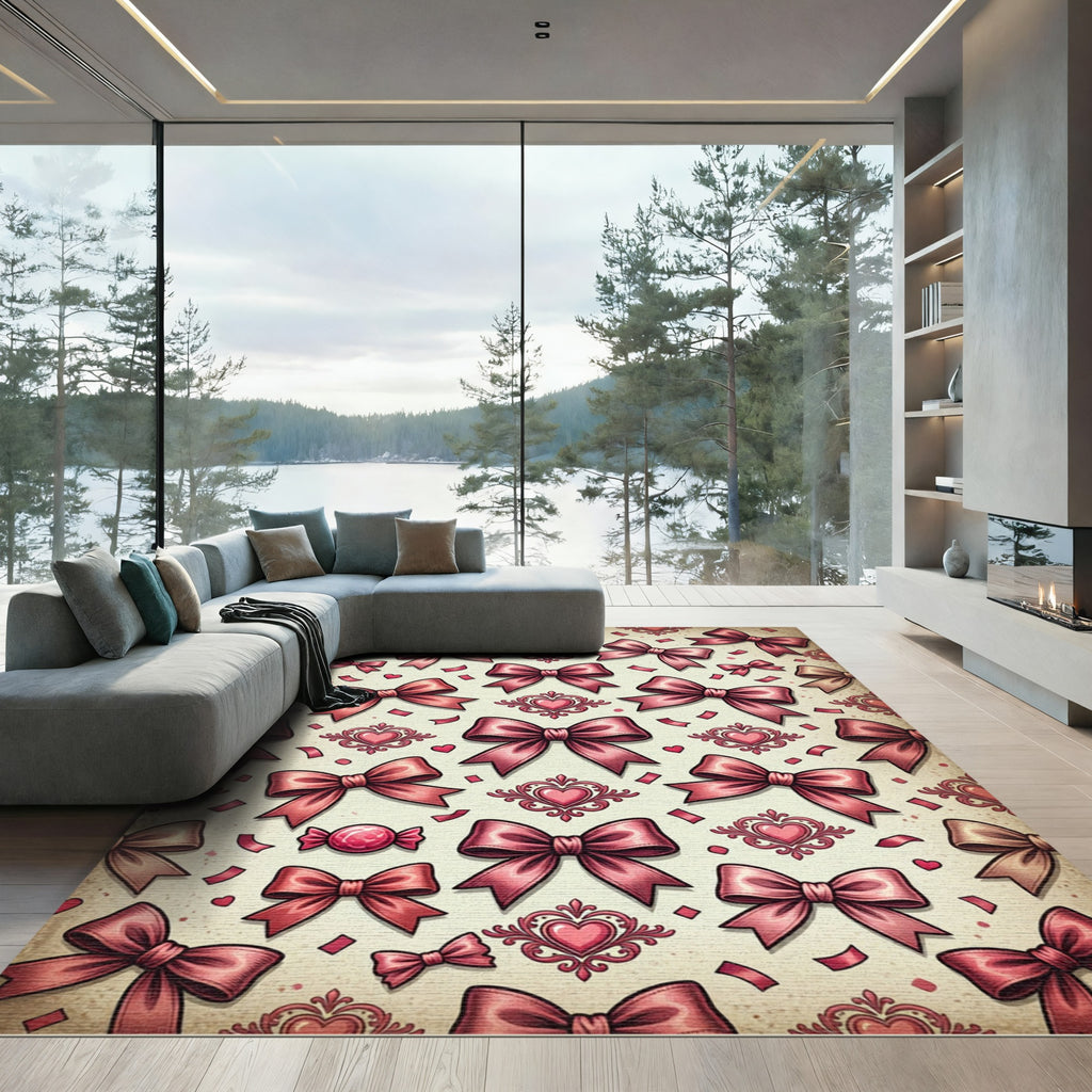 Romantic Dusty Pink Bow and Heart Illustration Rug