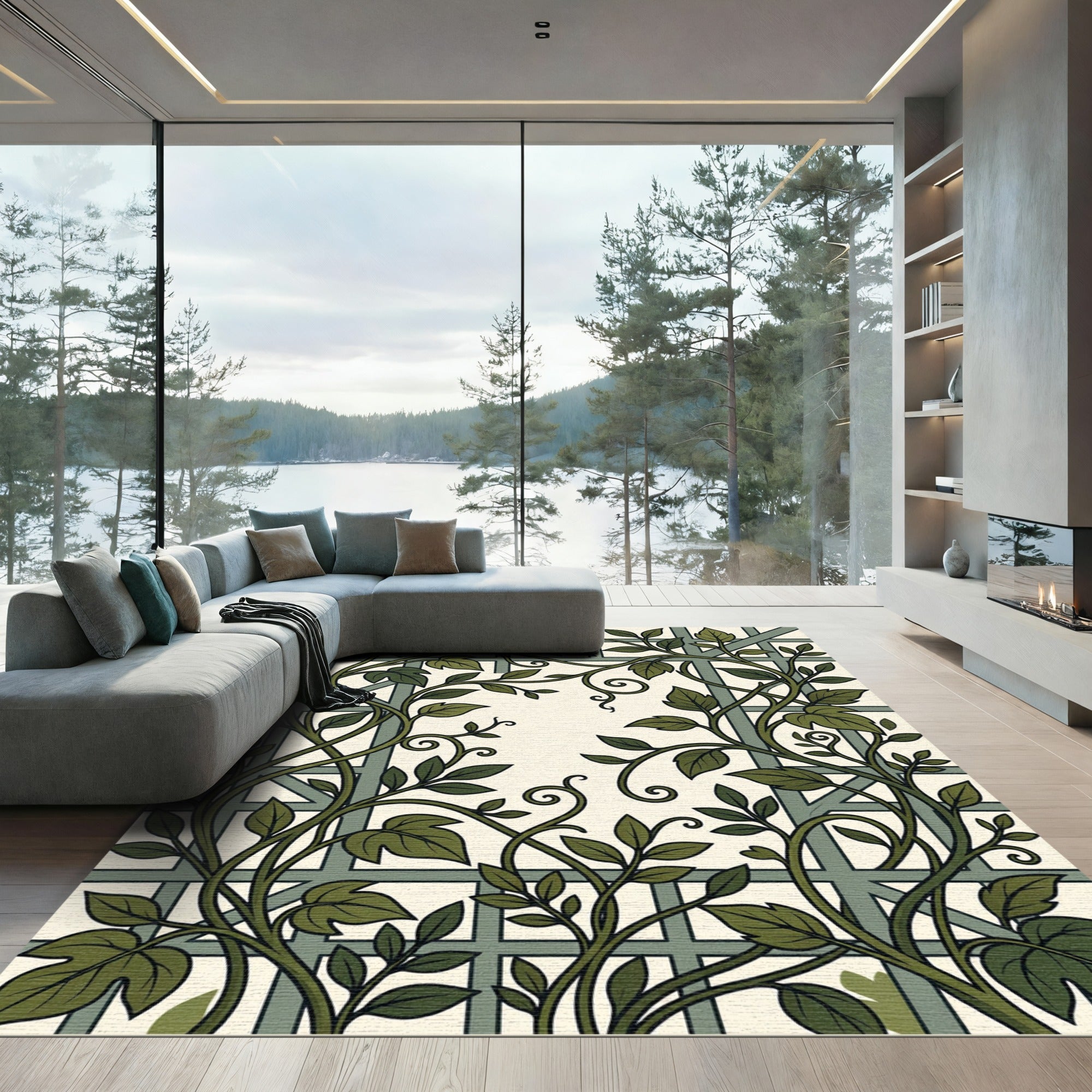 Lush Green Climbing Ivy Trellis Rug