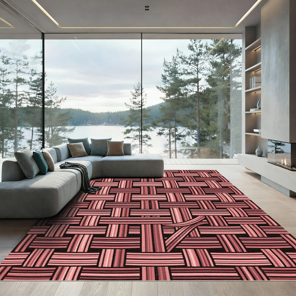Salmon Pink Woven Texture Grid Rug