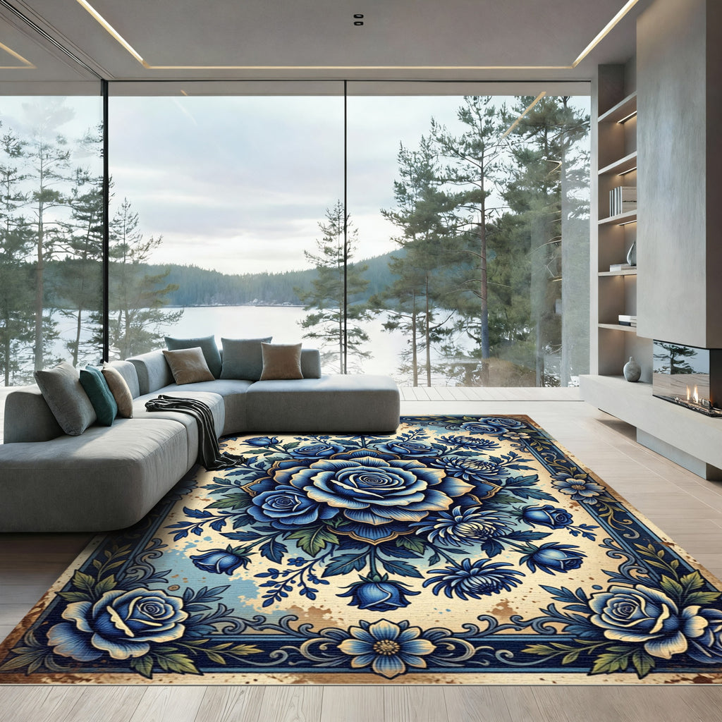 Ornate Blue Rose Botanical Medallion Rug