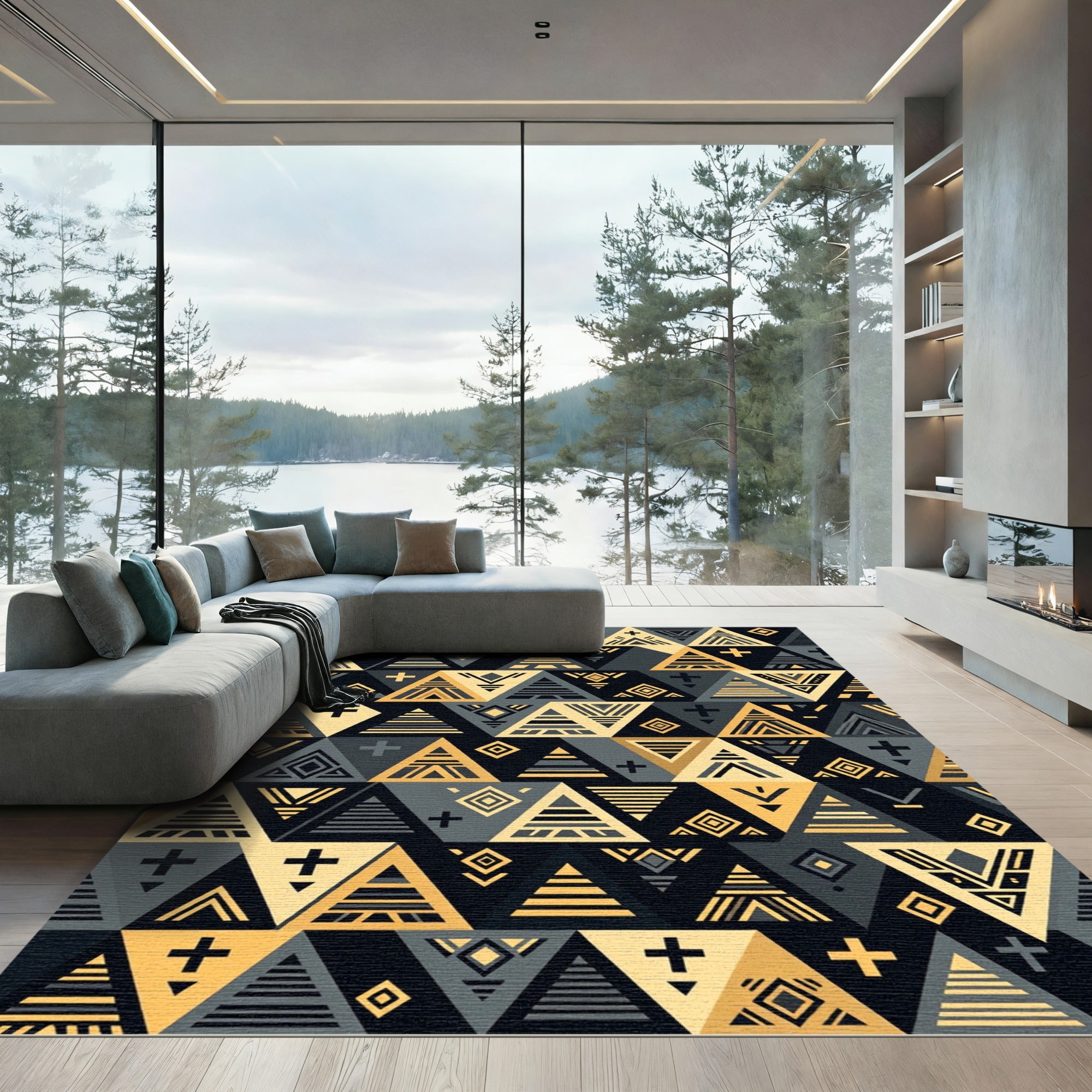 Gold and Charcoal Geometric Aztec Area Rug
