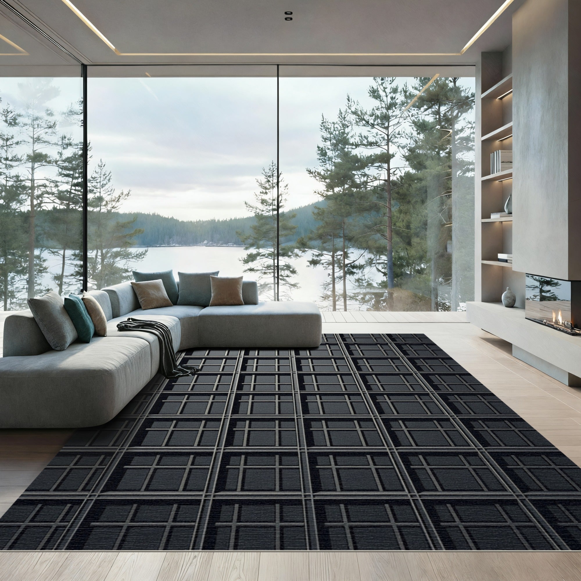 Dark Squared Window Grid Rug