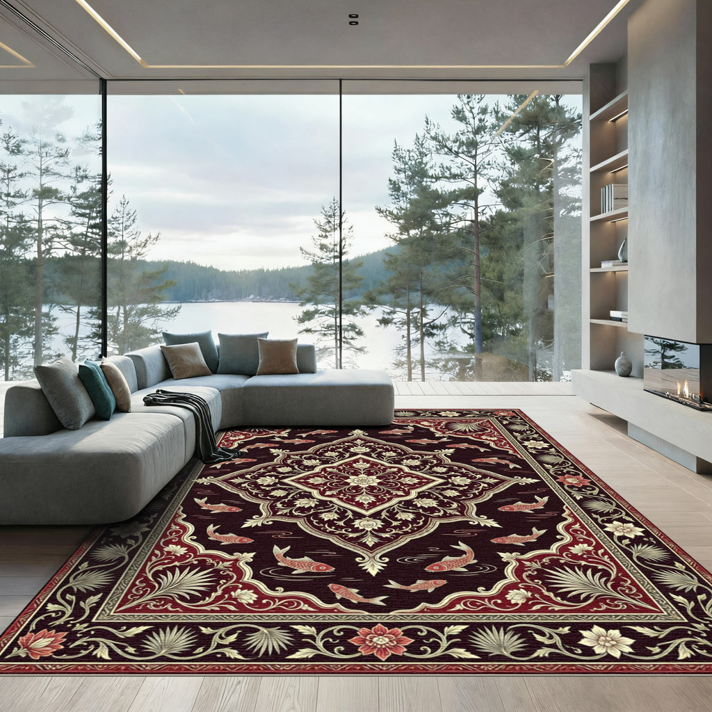 Rich Crimson Koi Water Garden Rug