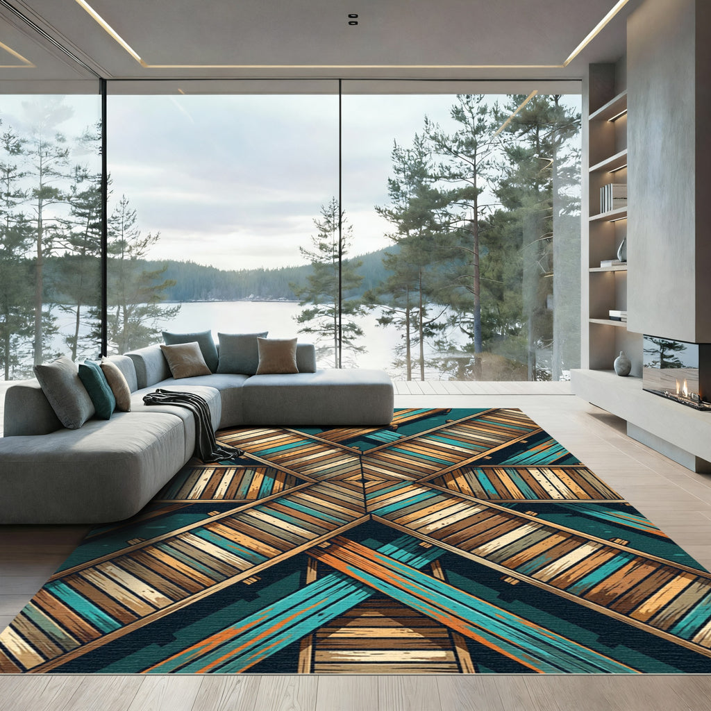 Geometric Teal and Brown Plank Cross Rug