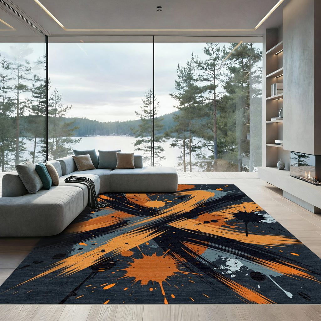Bold Abstract Orange and Black Brushstrokes Rug