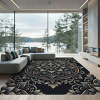 Elegant Charcoal Gold Floral Mandala Rug