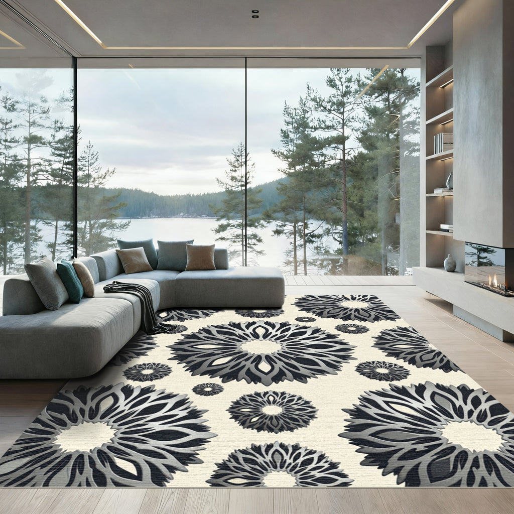 Monochrome Gray Sculptural Radial Floral Rug