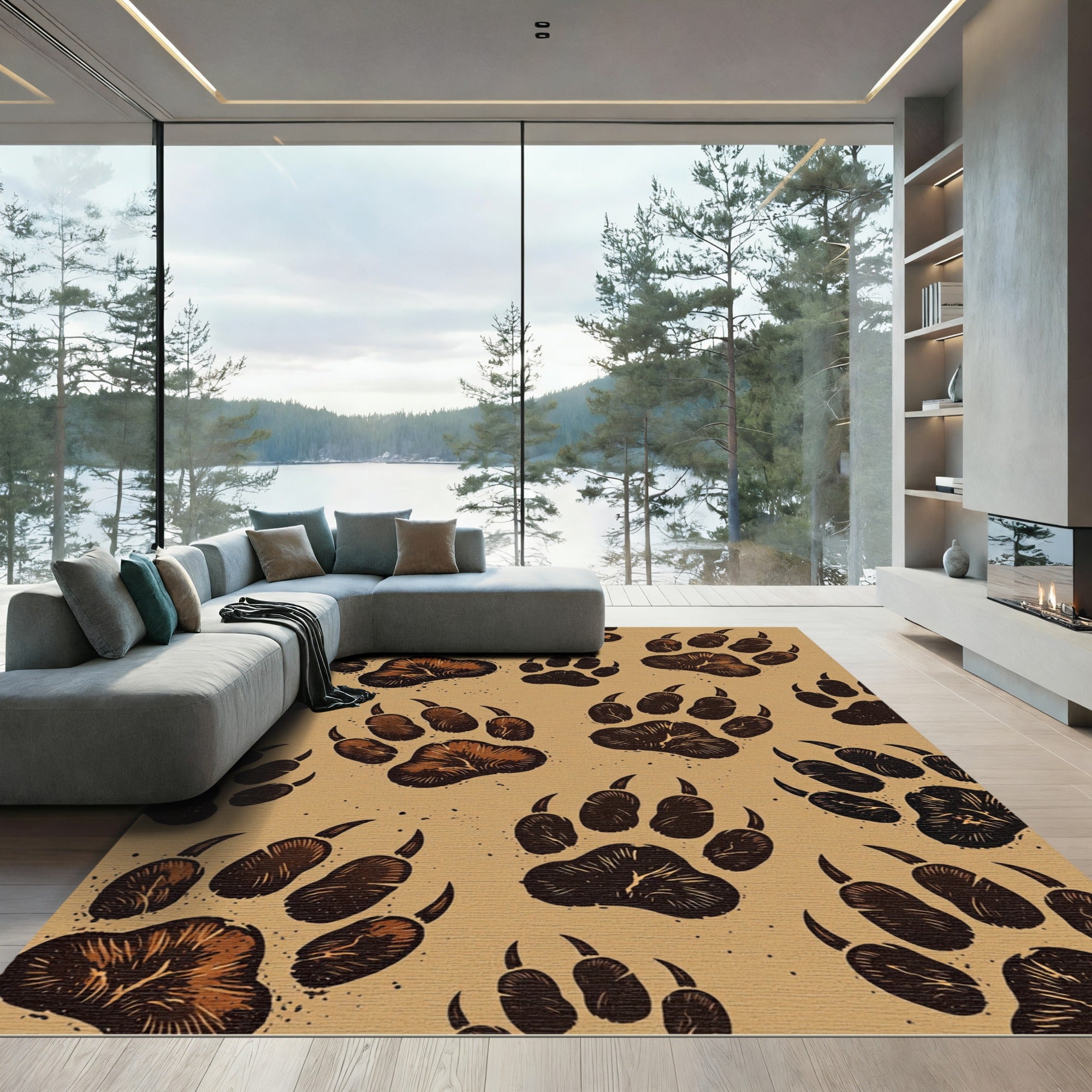 Rustic Brown Animal Paw Footprint Rug