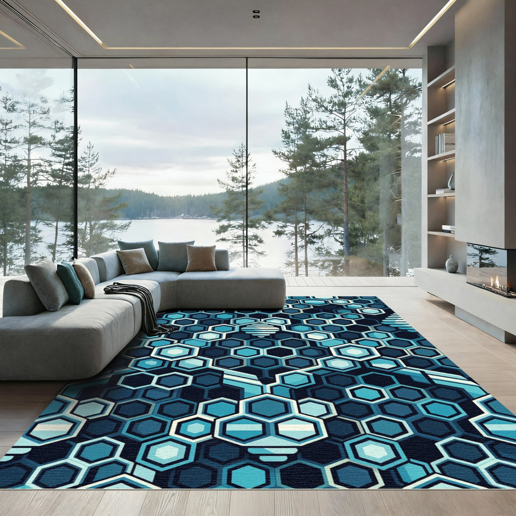 Deep Blue Hexagon Geometric Abstract Rug