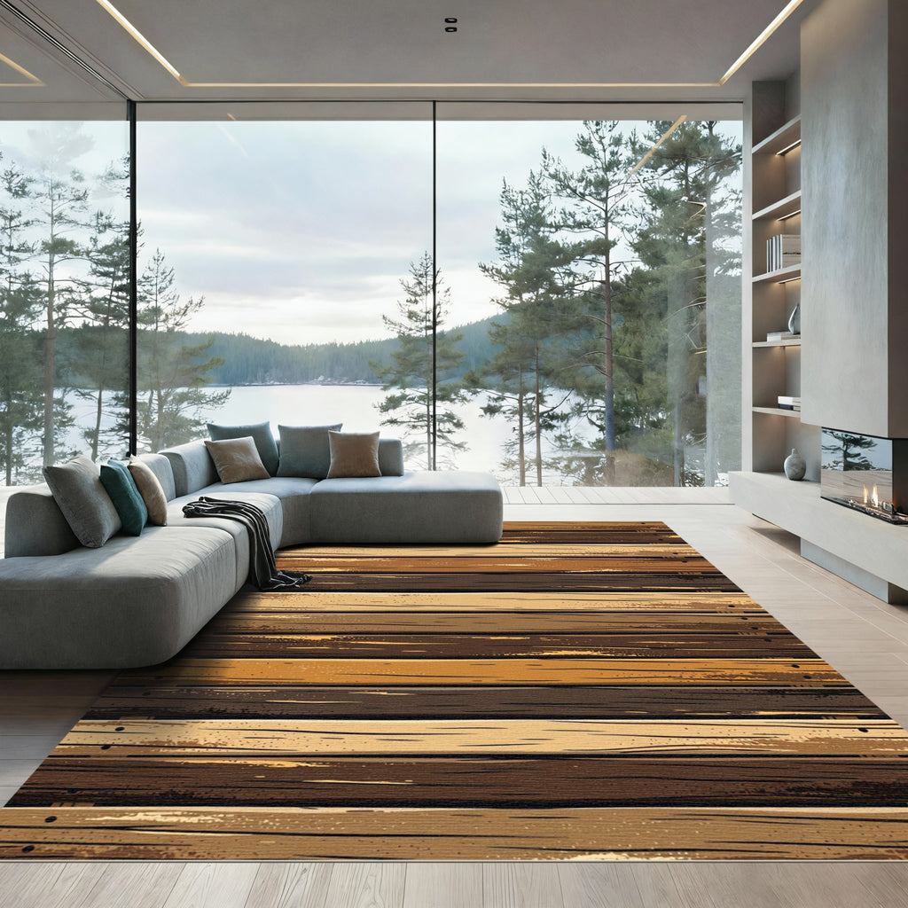 Earthy Rustic Wood Grain Stripes Rug