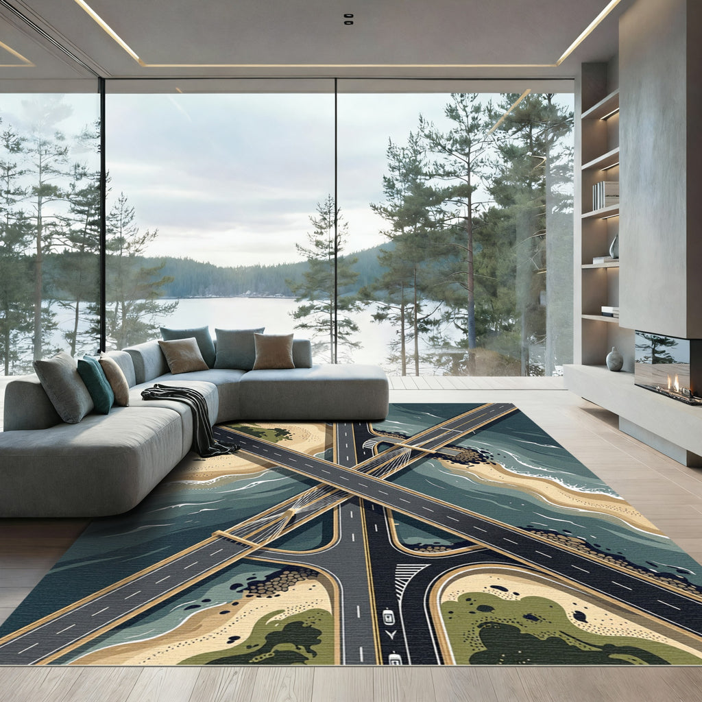 Tonal Shoreline Roadway Aerial View Rug