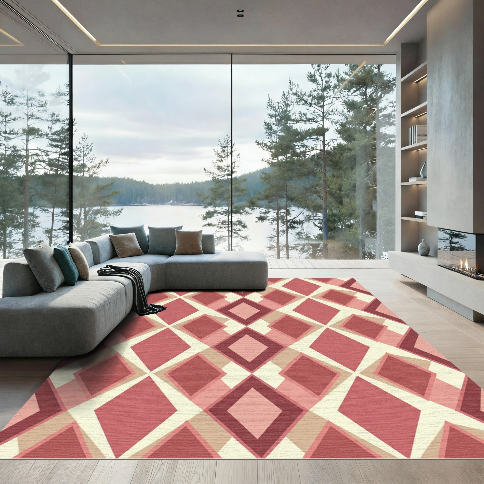 Retro Crimson Geometric Diamond Lattice Rug