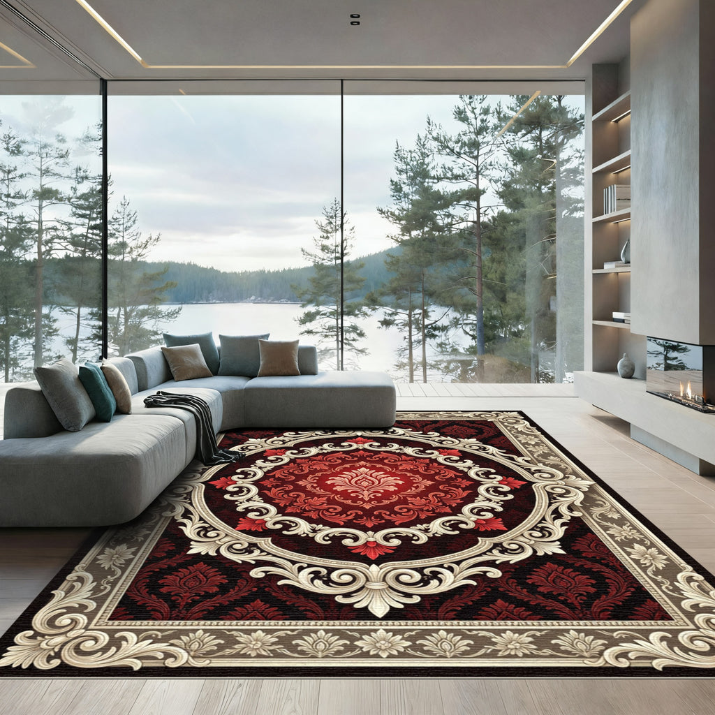 Crimson Red Elaborate Oval Medallion Rug