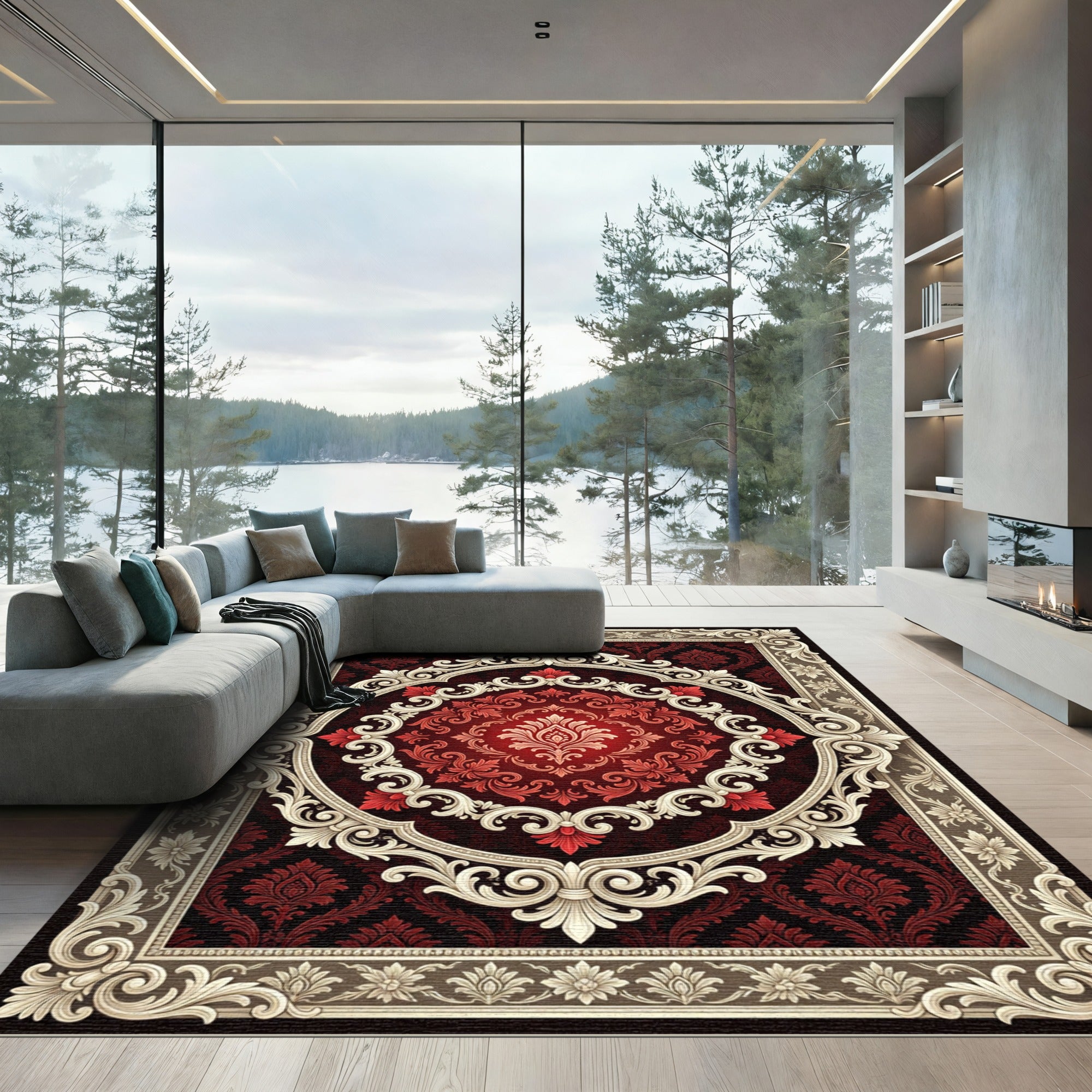 Crimson Red Elaborate Oval Medallion Rug