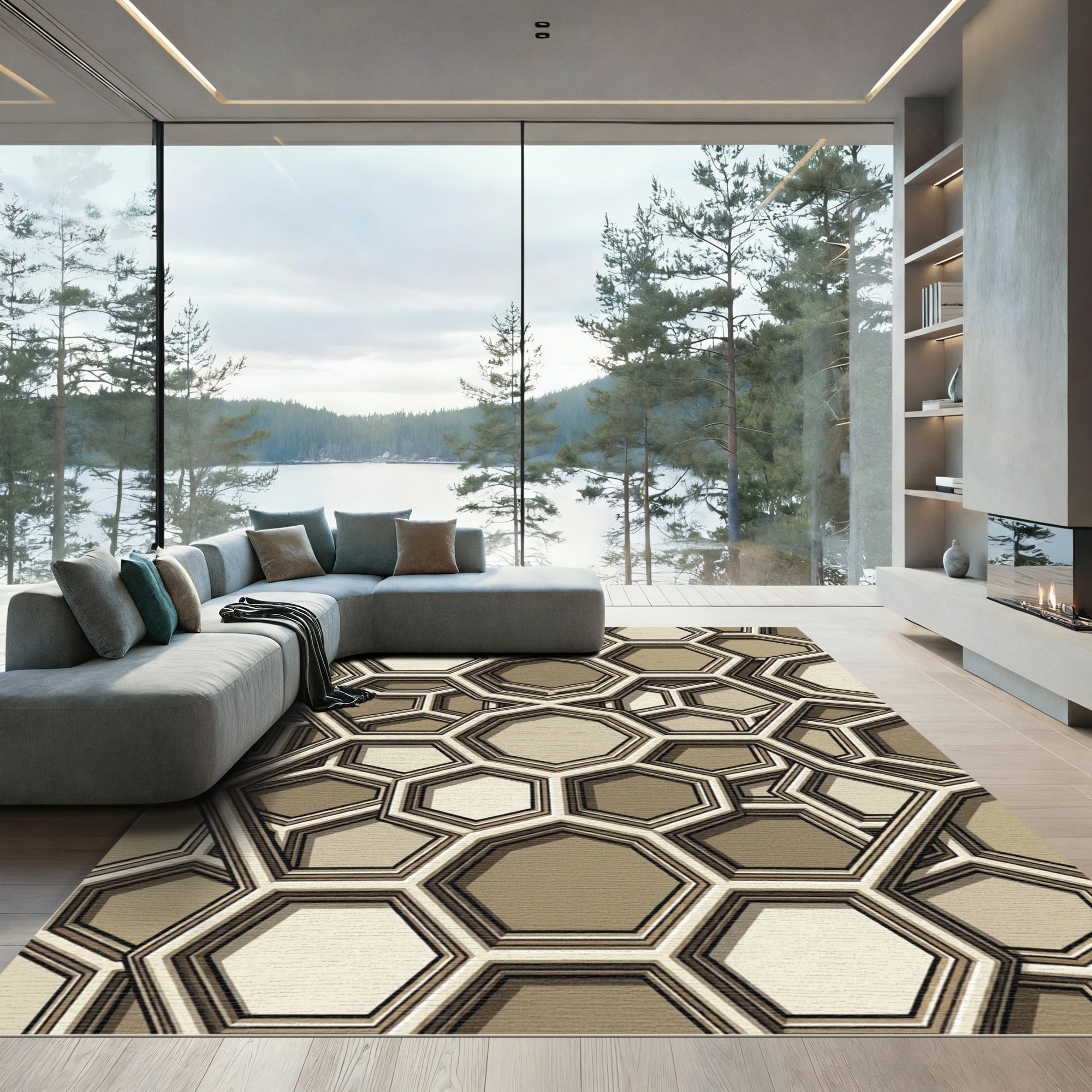 Sophisticated Beige Geometric Angular Honeycomb Rug
