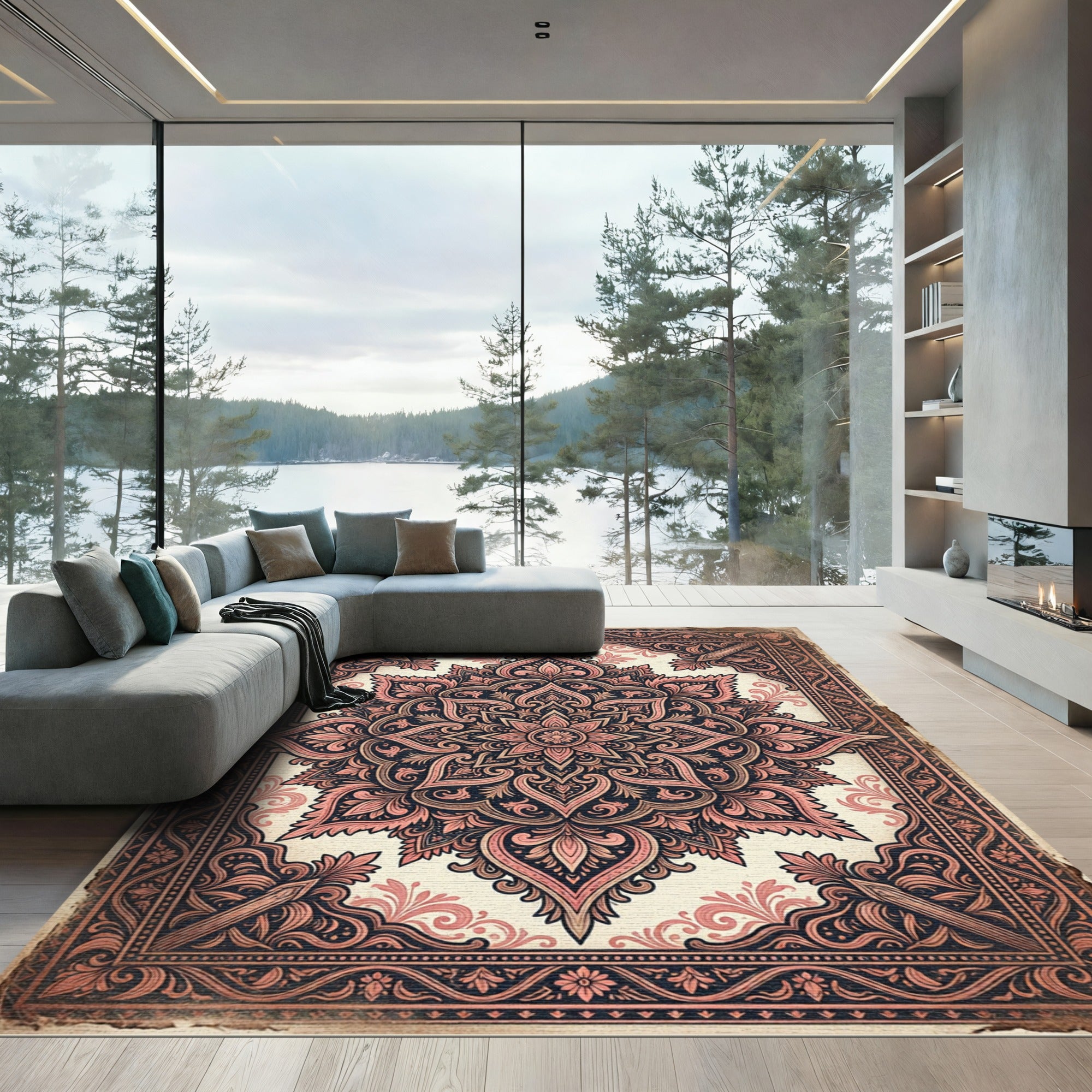 Antique Blush Floral Scrolled Medallion Rug