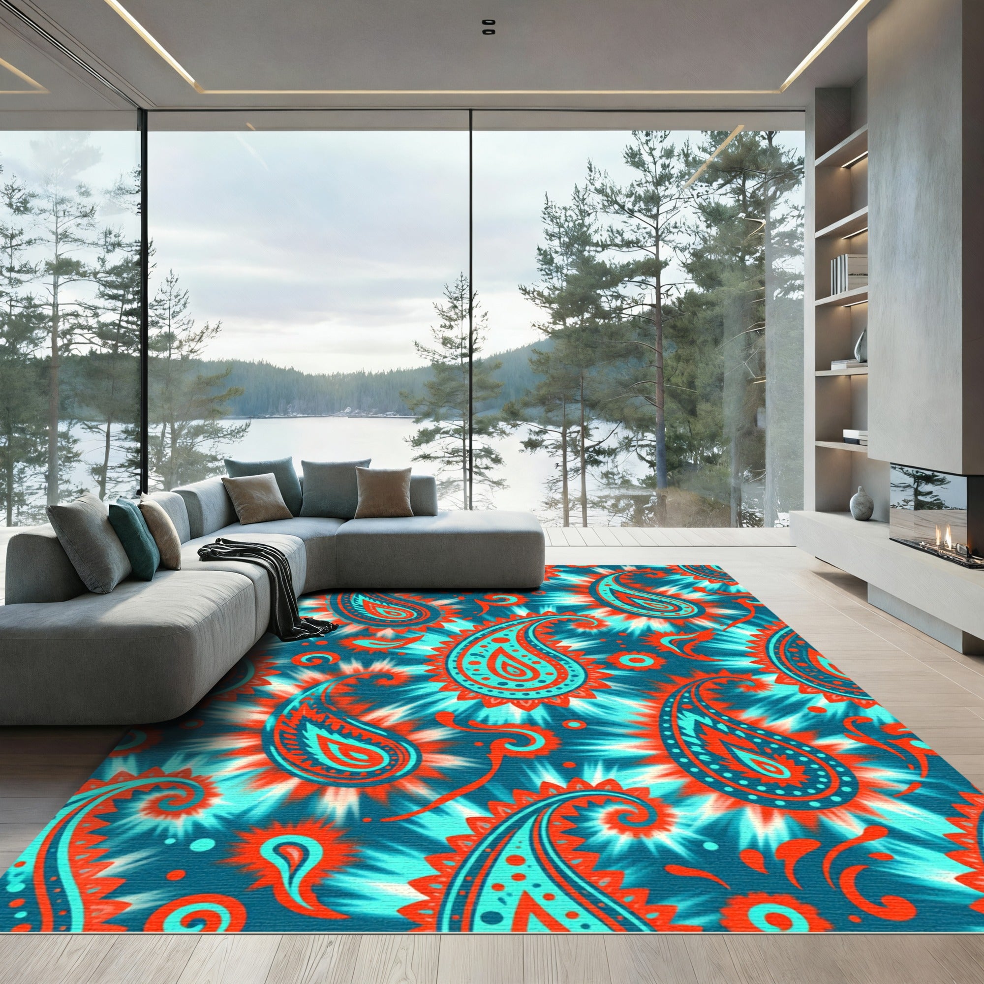 Turquoise Orange Paisley Tie-Dye Burst Rug