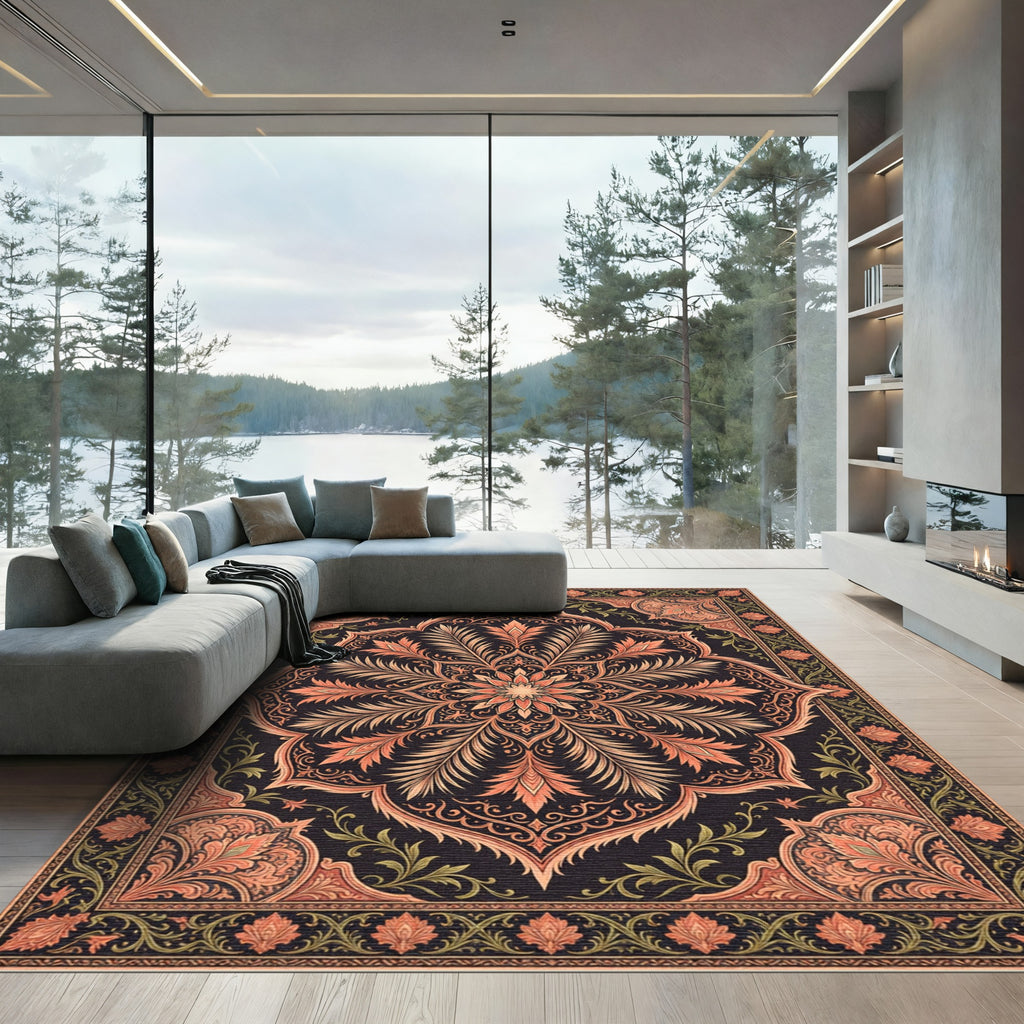 Deep Black Floral Lotus Medallion Rug