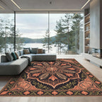 Deep Black Floral Lotus Medallion Rug