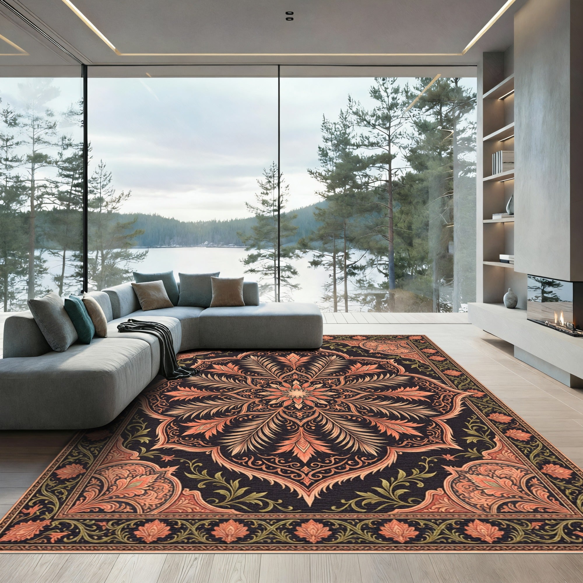 Deep Black Floral Lotus Medallion Rug