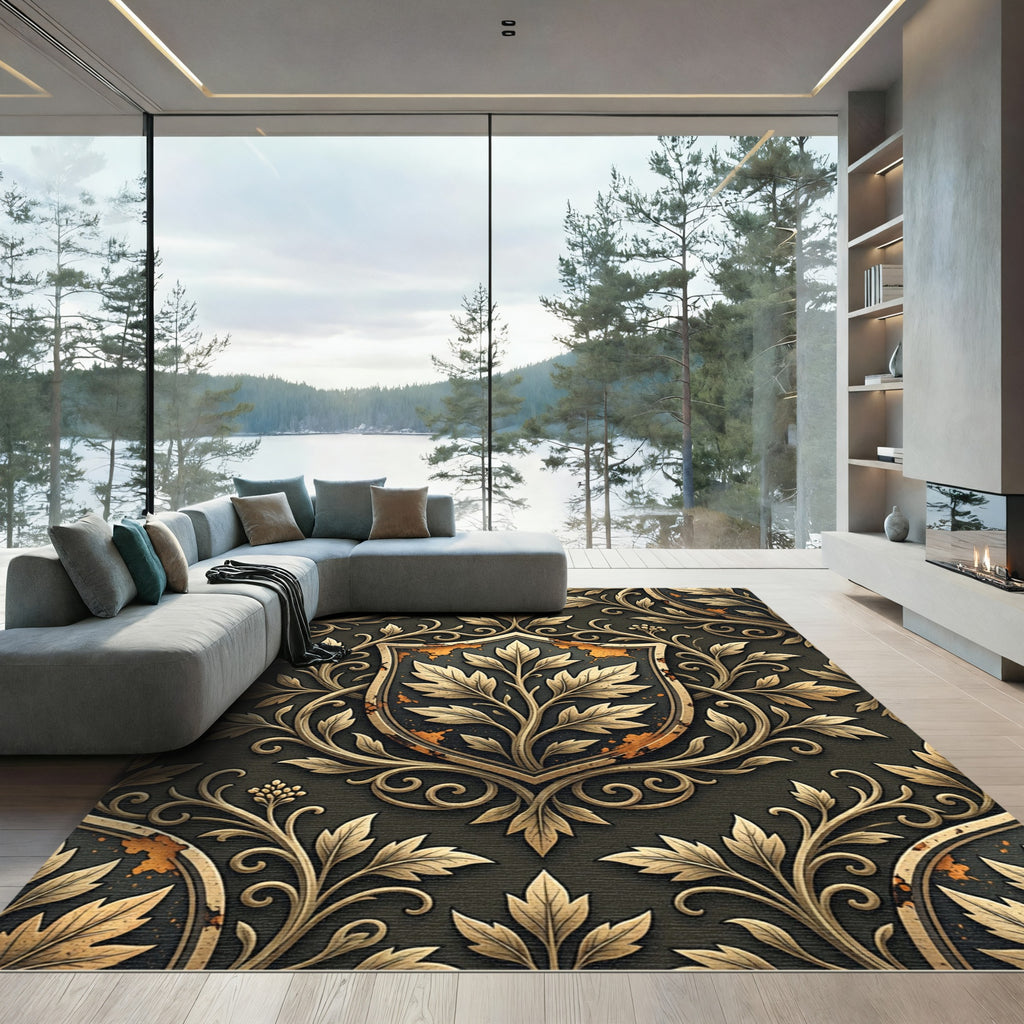 Gilded Foliage Ornate Black Shield Crest Rug