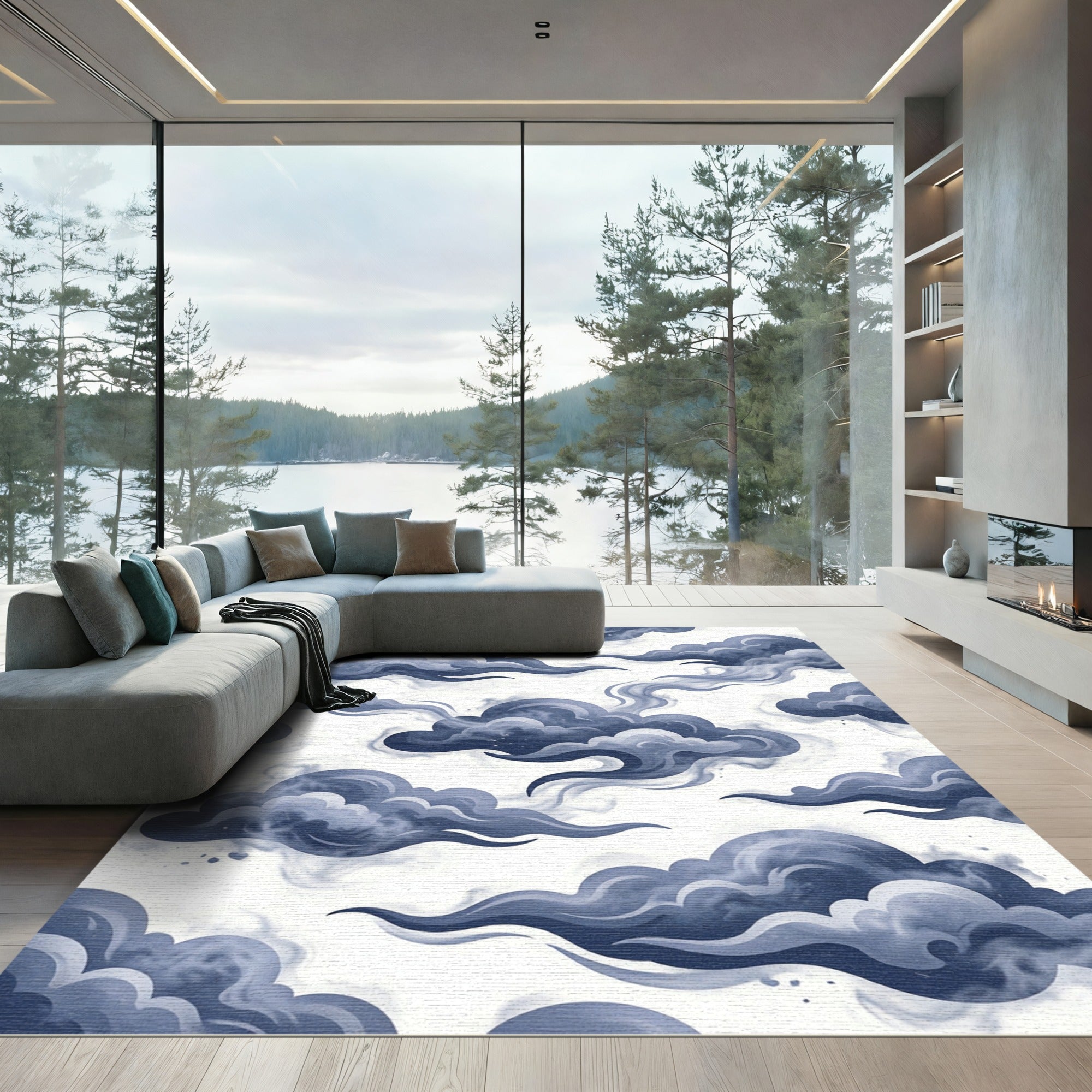 Moody Blue Ethereal Swirling Clouds Rug
