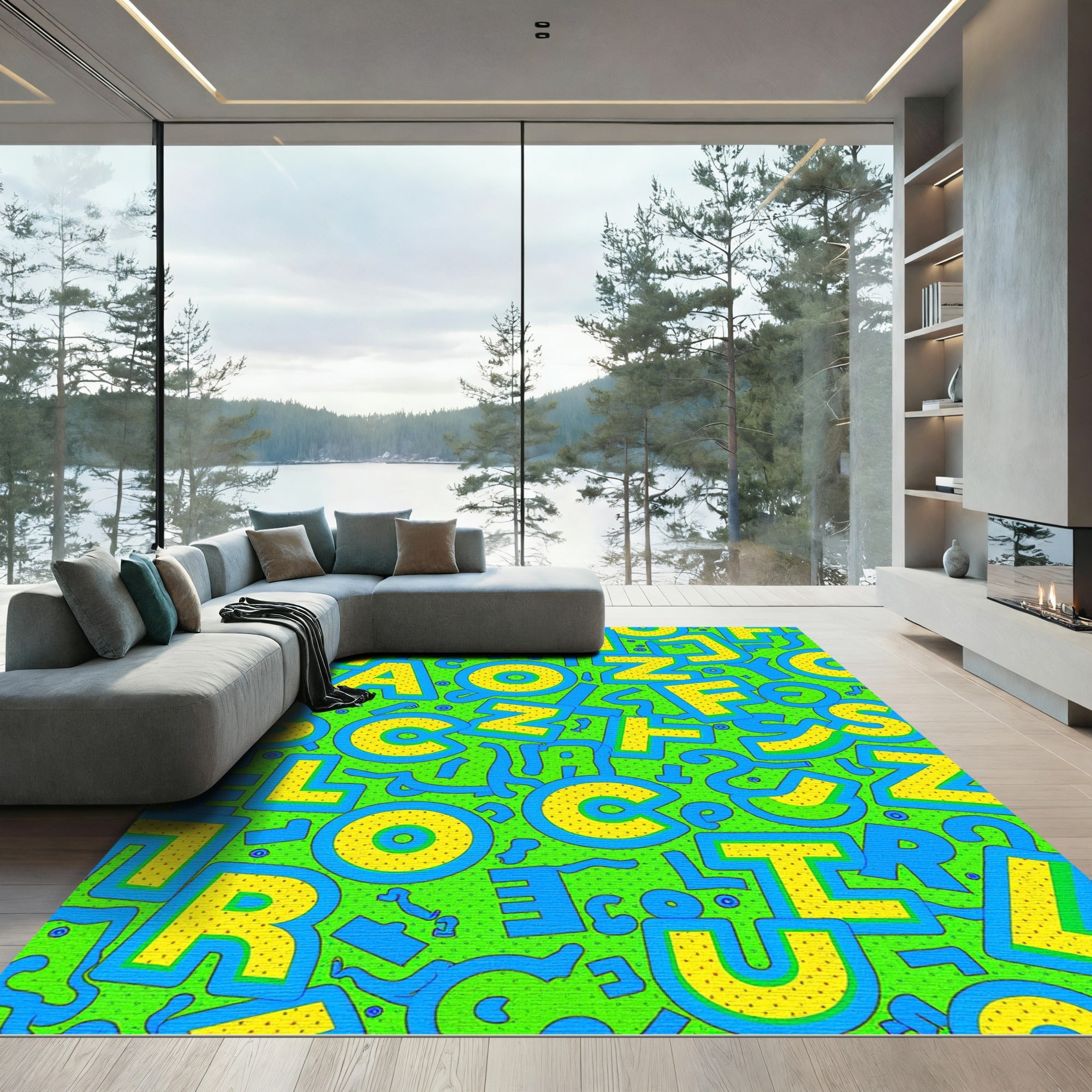 Groovy Yellow Blue Alphabet Scatter Rug
