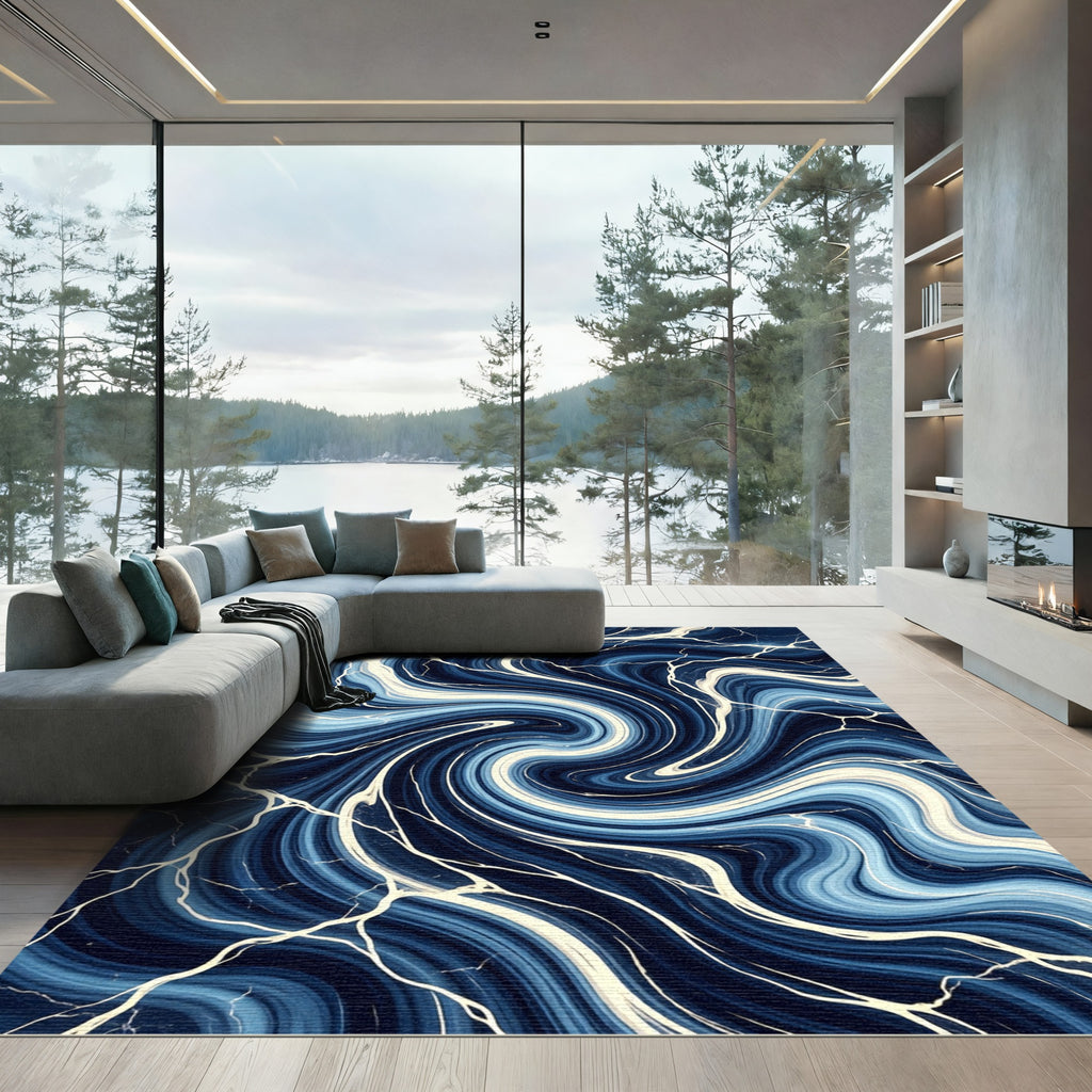 Deep Blue Swirl Marble Lightning Rug