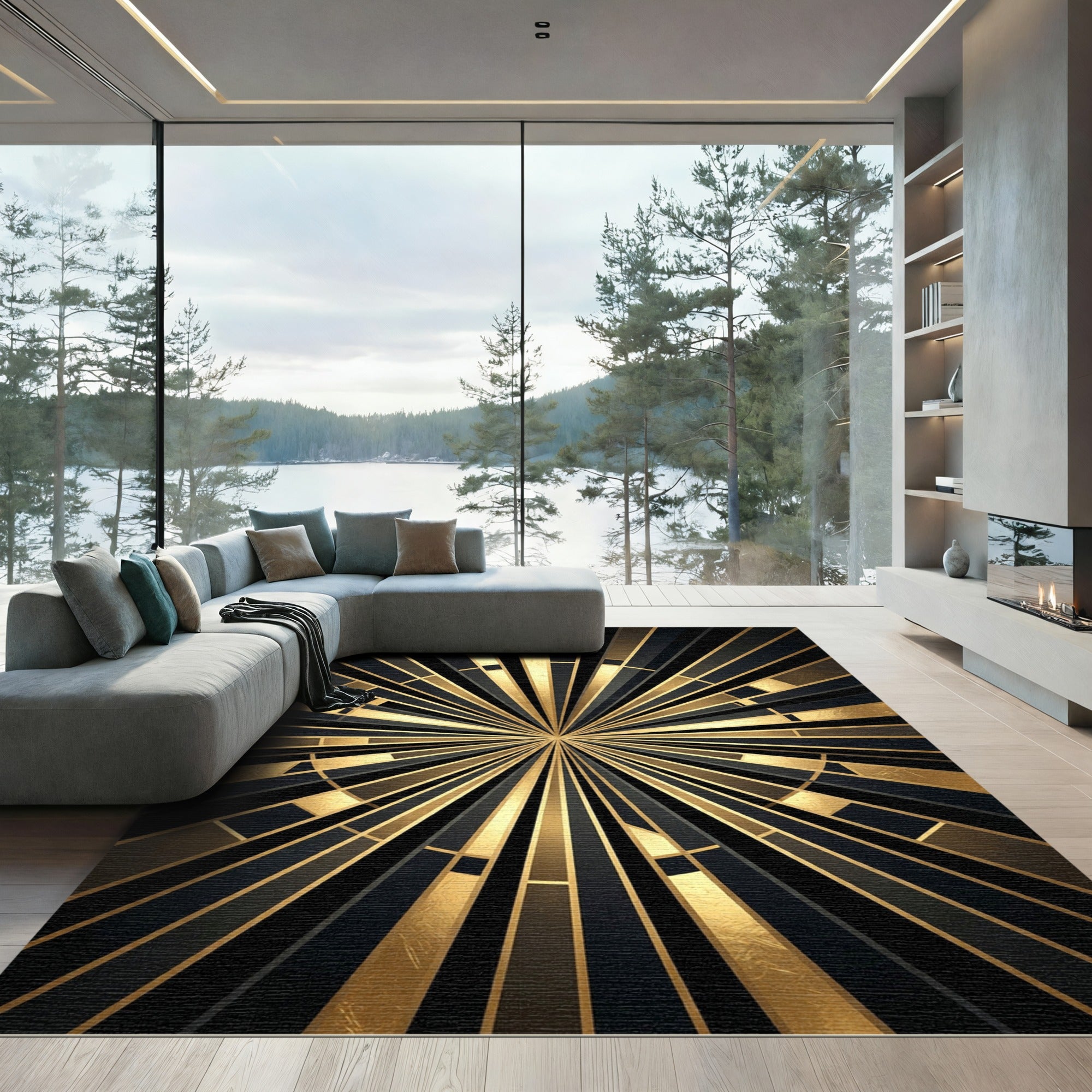 Golden Art Deco Sunburst Geometric Rug