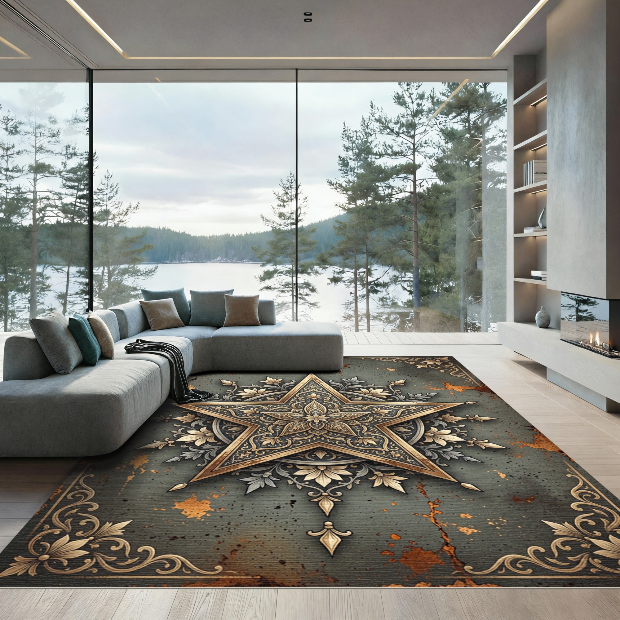 Ornate Golden Five Point Star Rug