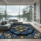 Vintage Blue Gold Floral Medallion Rug
