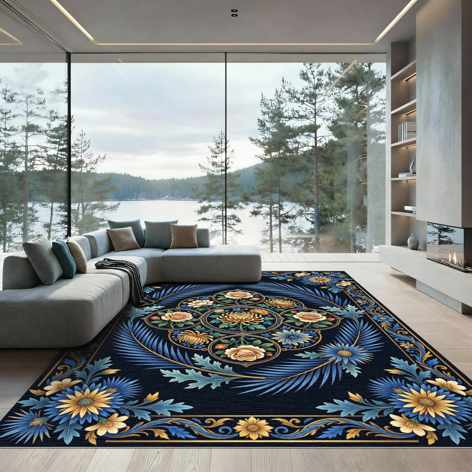 Vintage Blue Gold Floral Medallion Rug