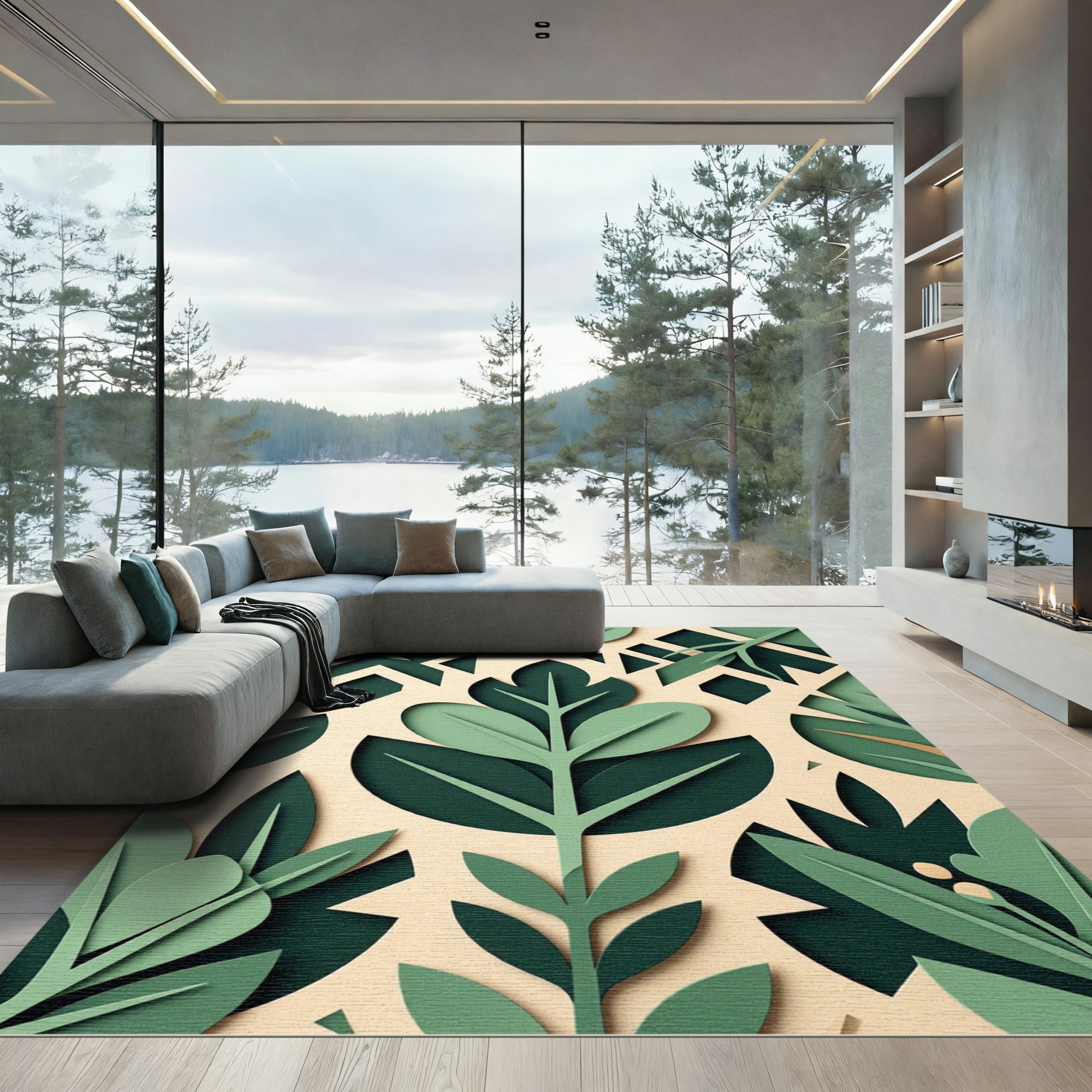 Sage Green Botanical Layered Leaf Rug