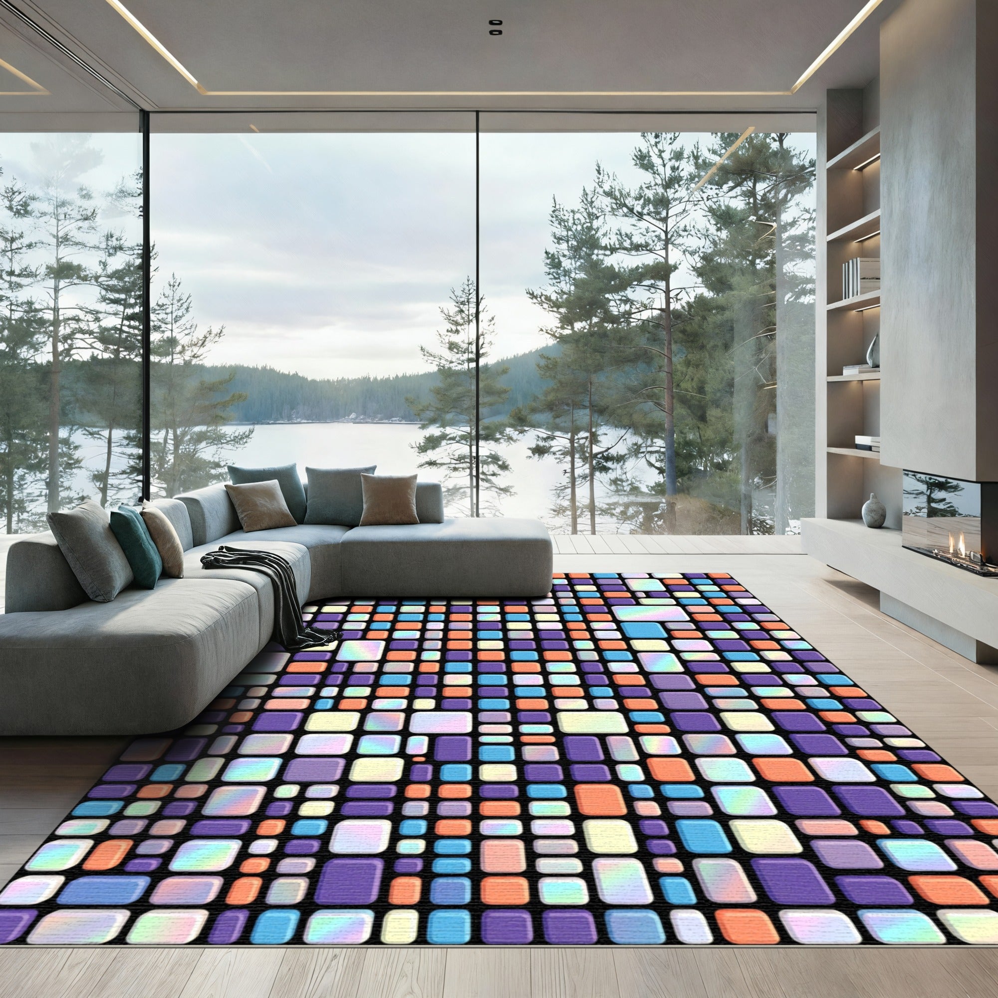 Iridescent Mosaic Tile Grid Artwork Rug