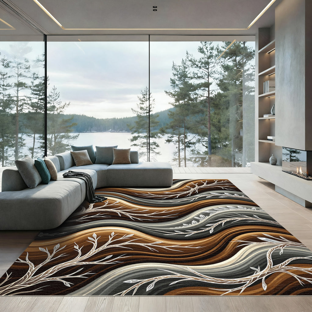 Earthy Brown Wavy Branch Composition Rug