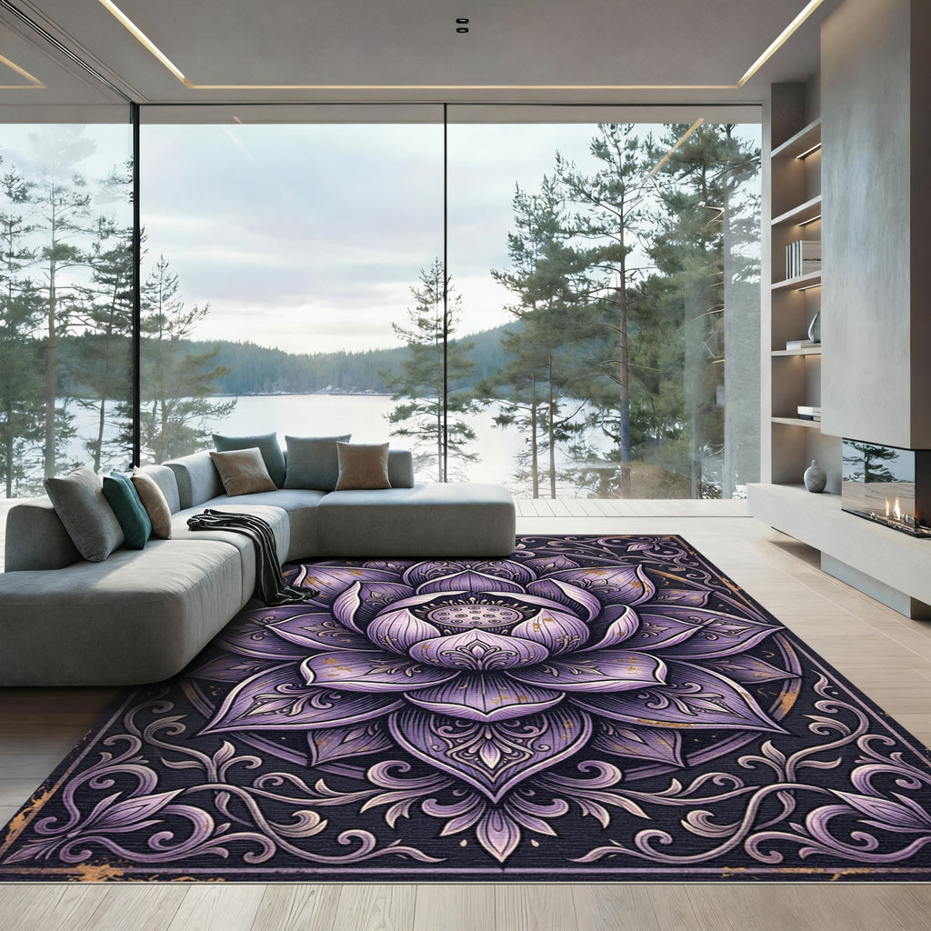 Ornate Purple Lotus Floral Mandala Rug