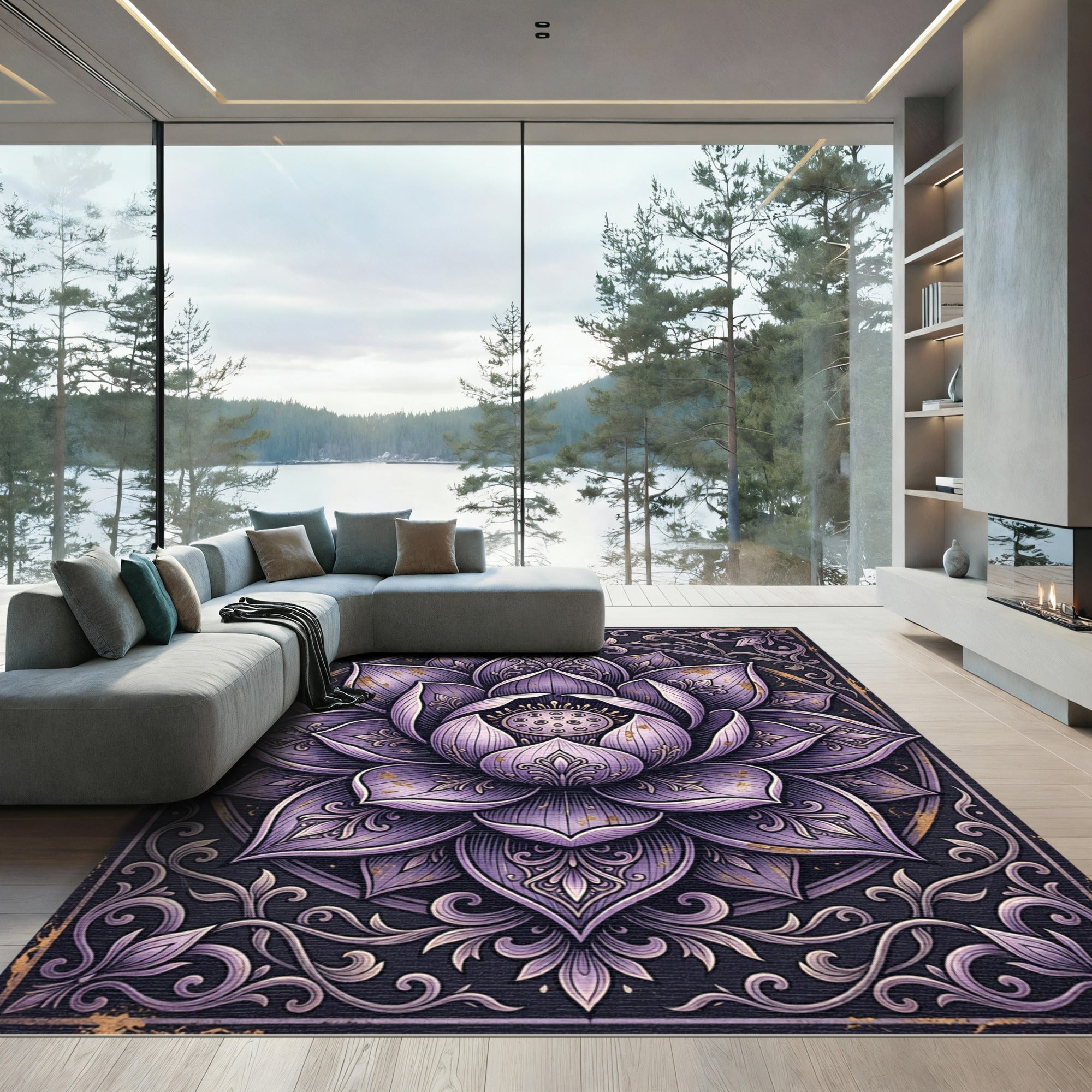 Ornate Purple Lotus Floral Mandala Rug