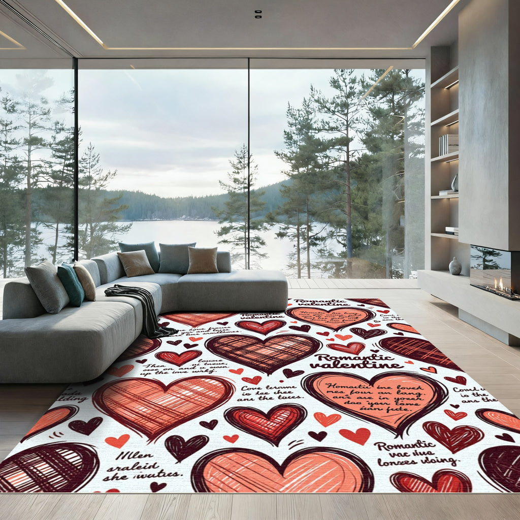 Red Scribbled Heart Valentine Pattern Rug
