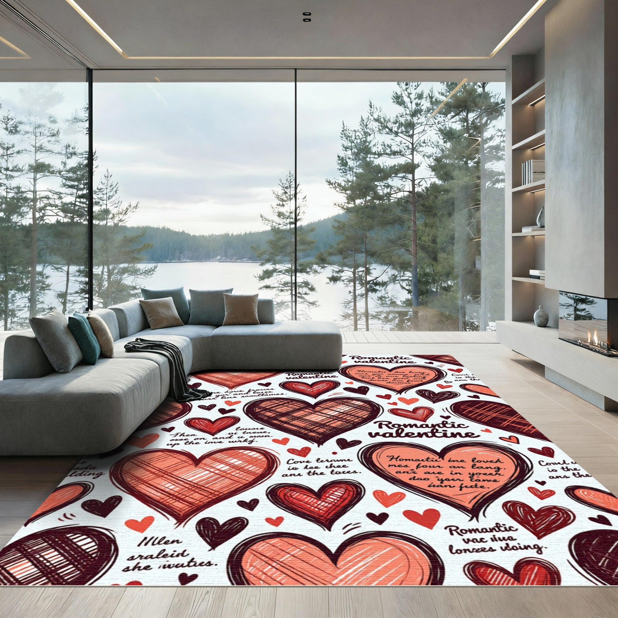 Red Scribbled Heart Valentine Pattern Rug