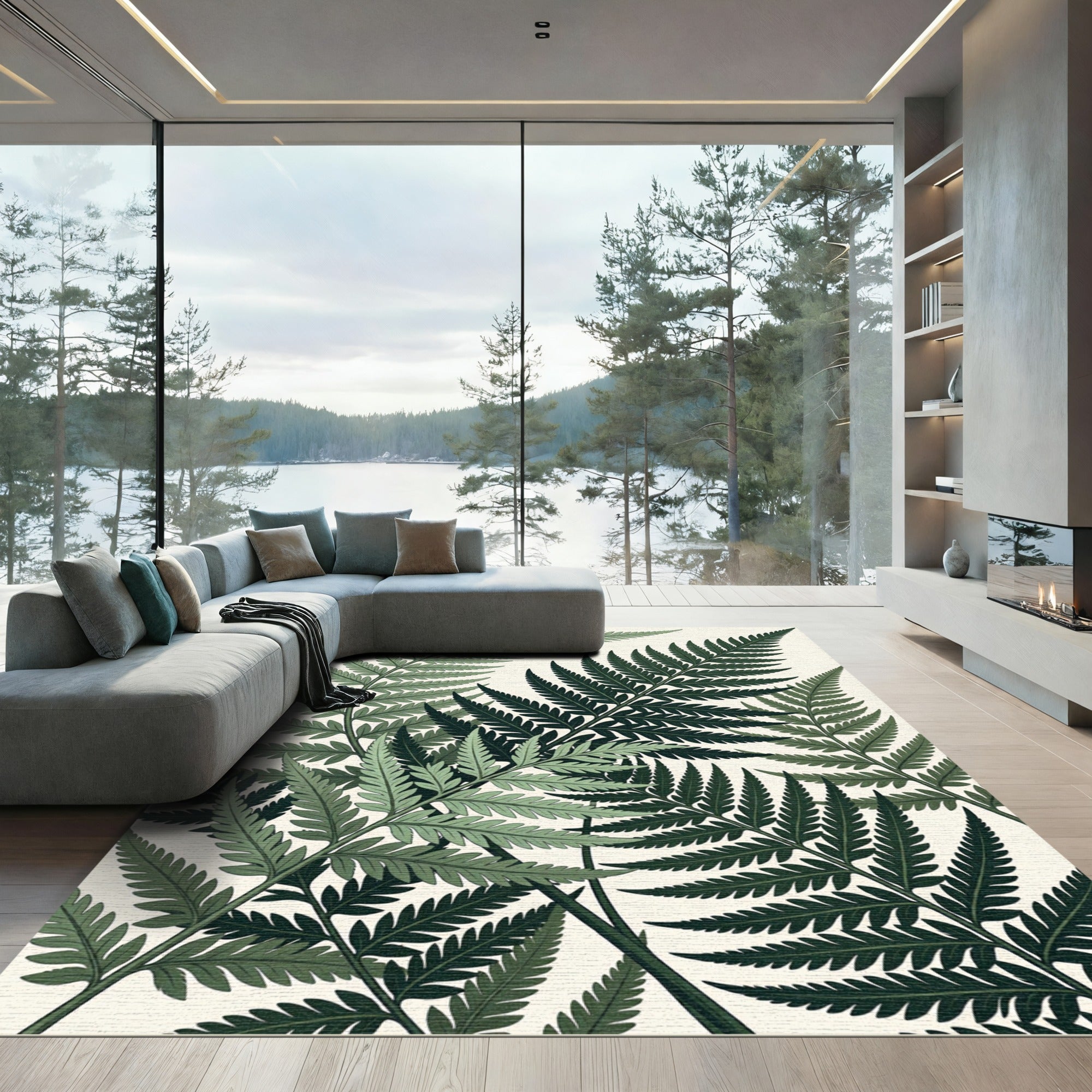 Lush Green Fern Foliage Pattern Rug