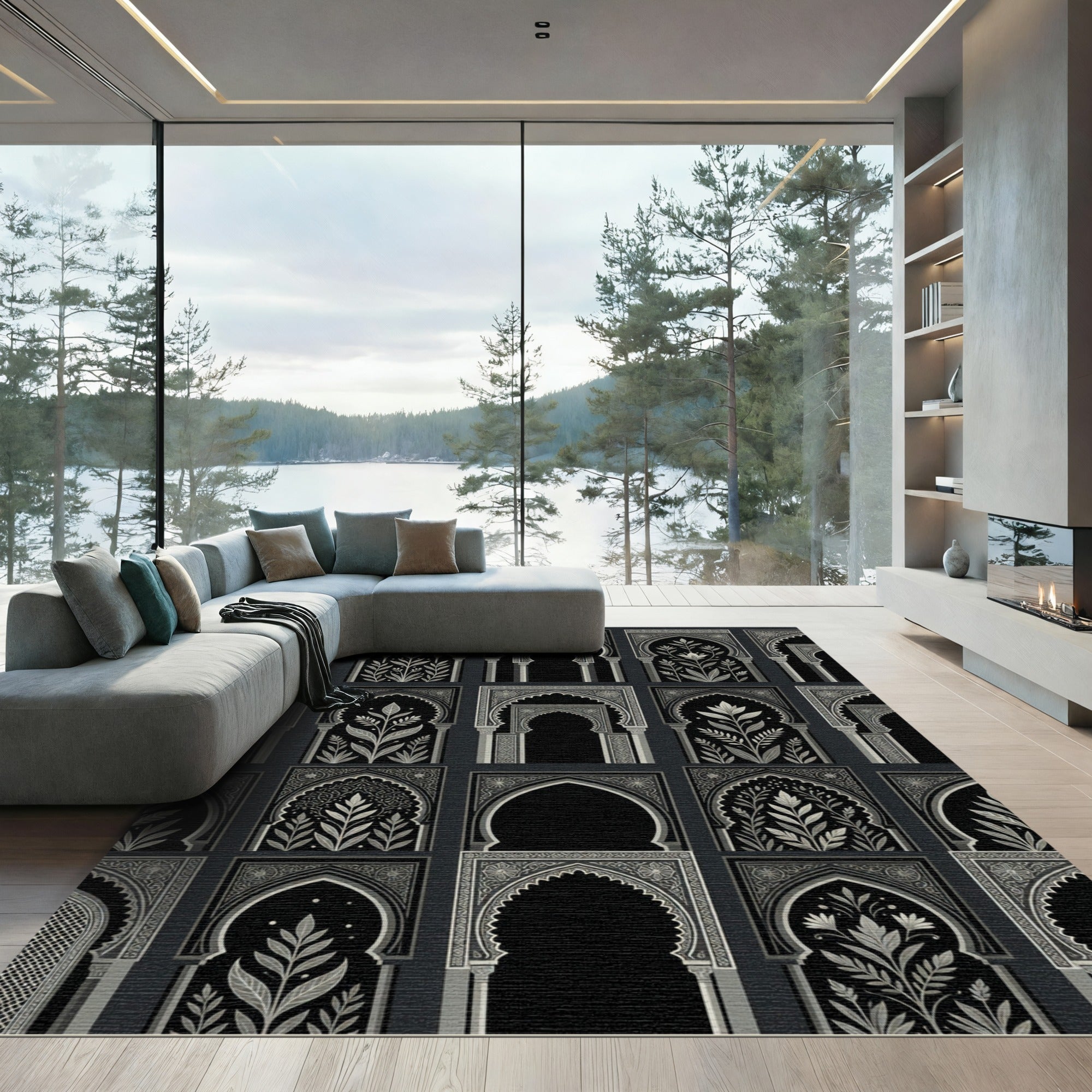 Ornate Black White Arches Foliage Rug