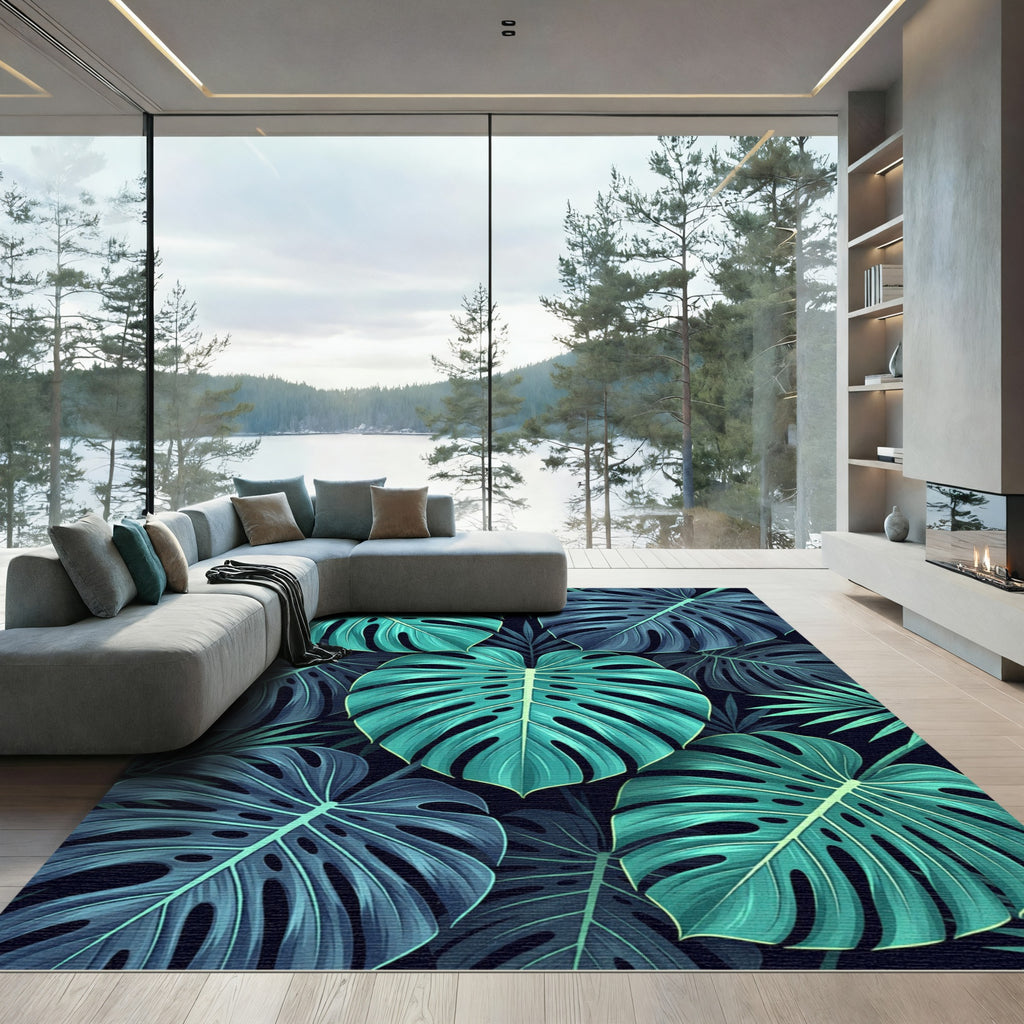 Lush Teal Tropical Monstera Foliage Rug
