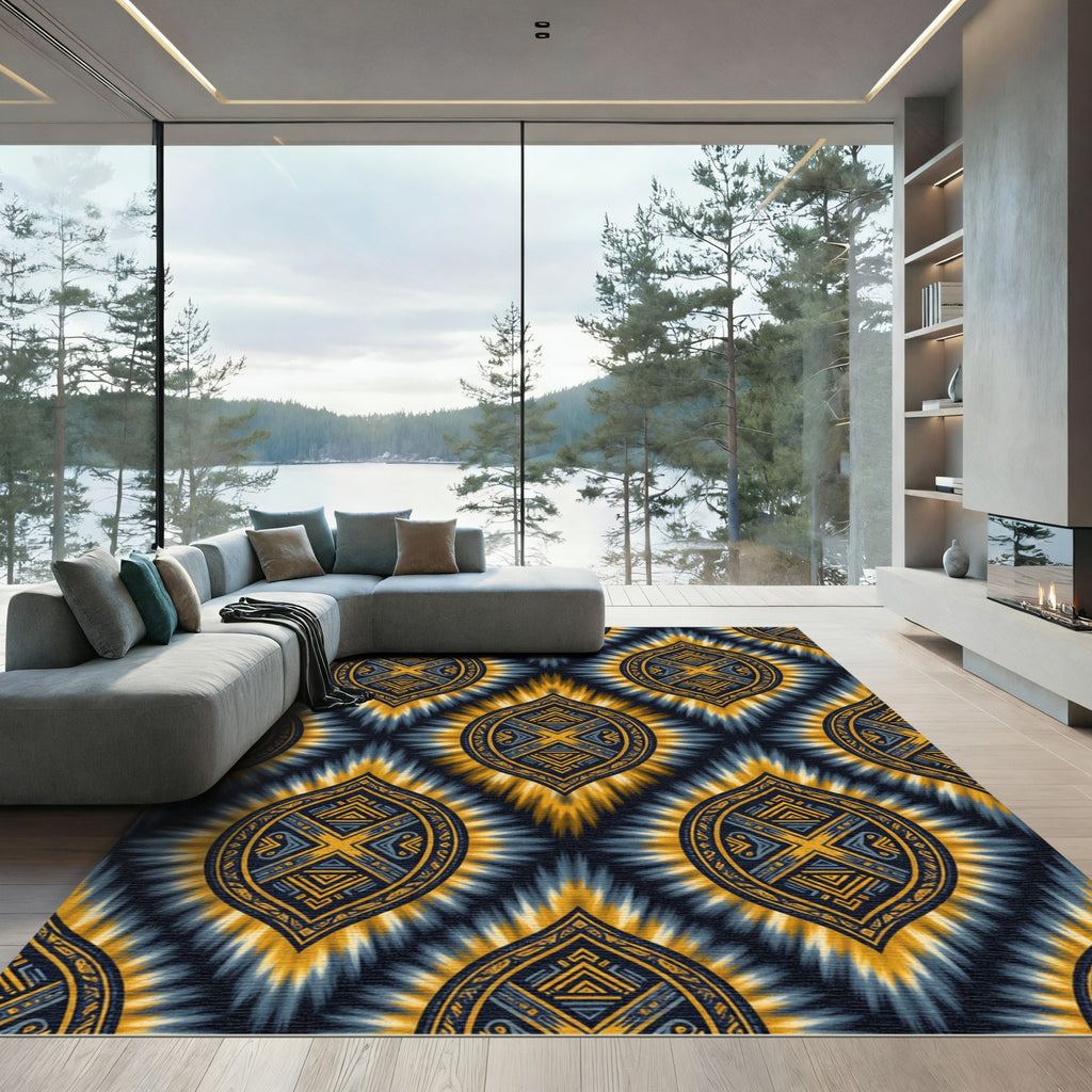 Golden Blue Tribal Sunburst Medallion Rug