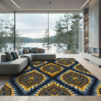 Golden Blue Tribal Sunburst Medallion Rug