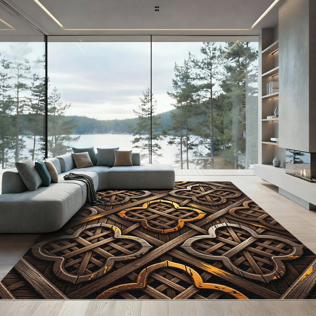 Rustic Brown Lattice Quatrefoil Geometric Rug