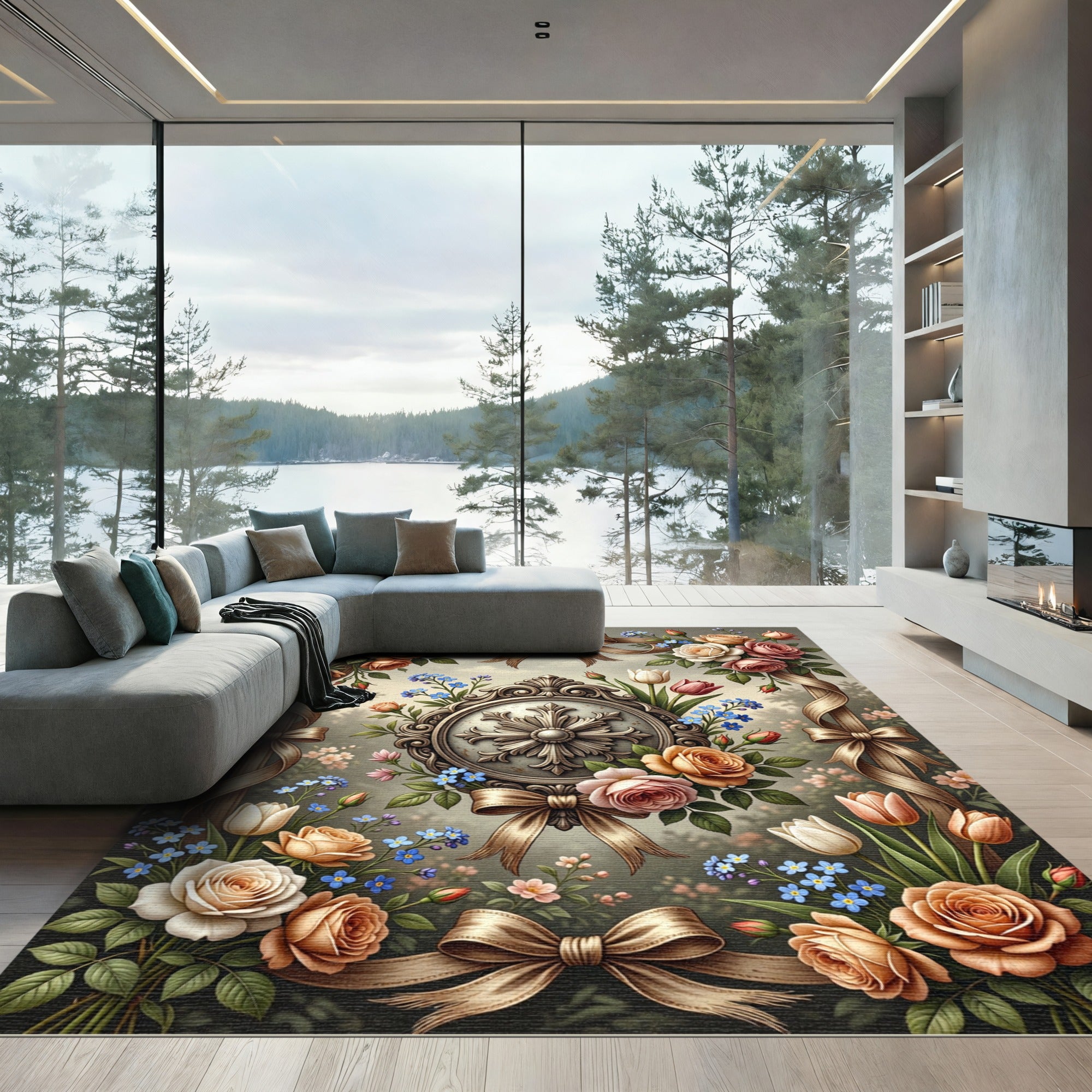 Elegant Floral Rose Ribbon Medallion Rug