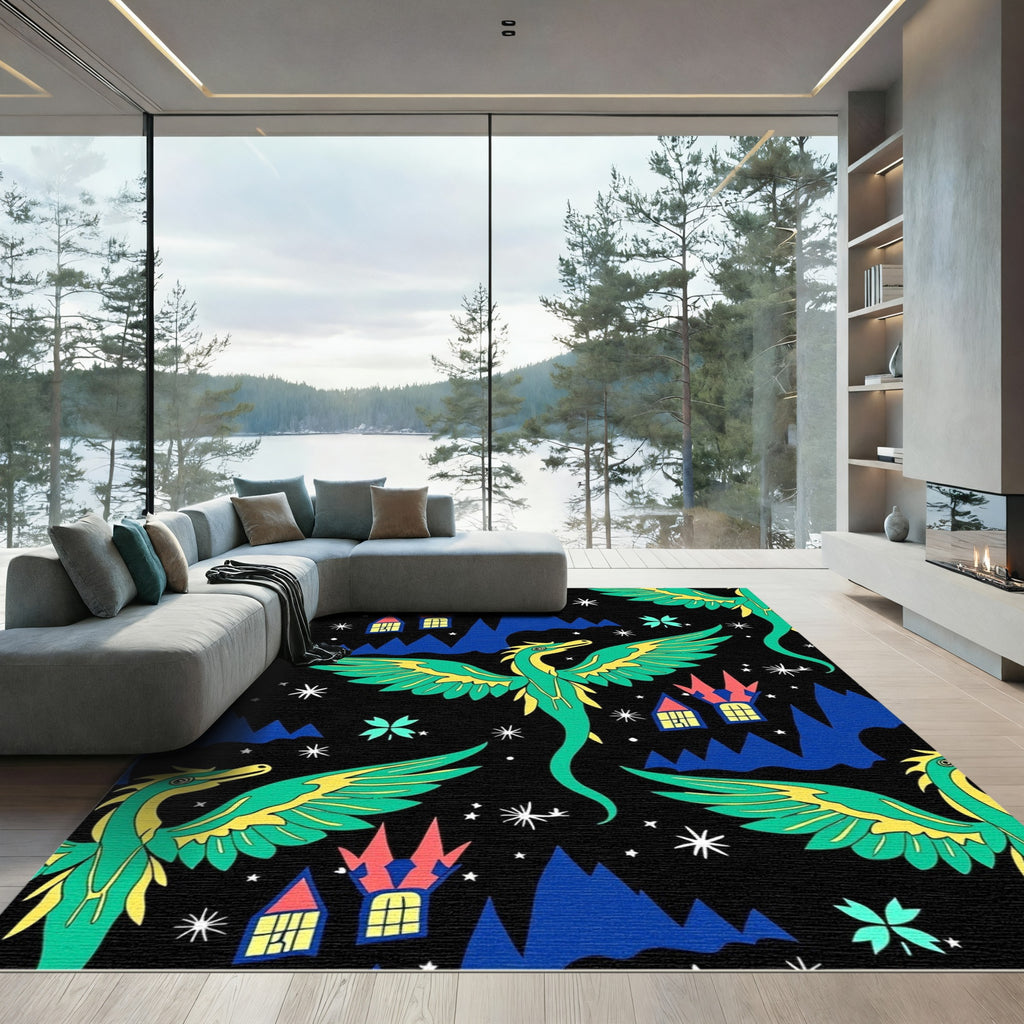 Whimsical Green Dragon Castle Night Rug