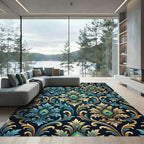Opulent Peacock Feather Gold Teal Damask Rug