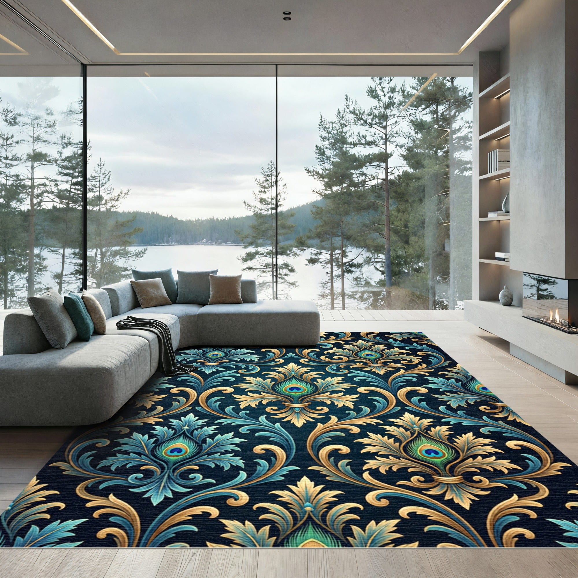 Opulent Peacock Feather Gold Teal Damask Rug